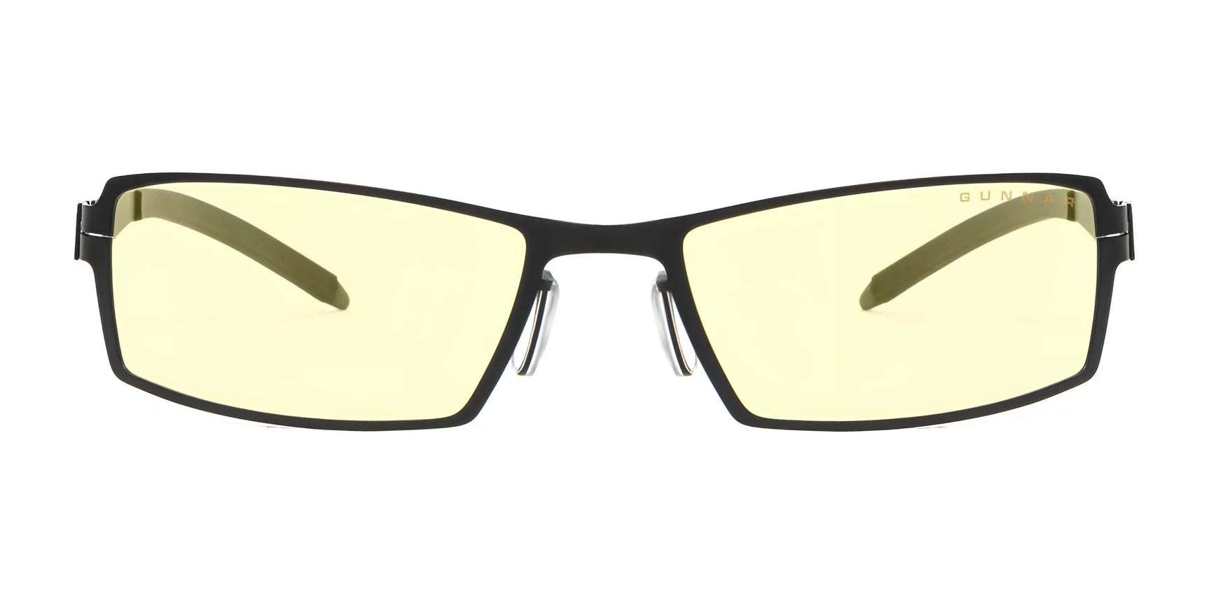 Gunnar's Sheadog Computer Glasses, featuring black frames, GUNNAR lens material, and rectangular yellow-tinted lenses for blue light blocking, are stylishly set against a white background. Gunnar's Sheadog Computer Glasses, featuring black frames, GUNNAR lens material, and rectangular yellow-tinted lenses for blue light blocking, are stylishly set against a white background.