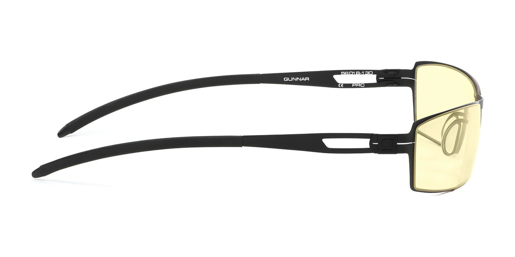 Side view of Gunnar Sheadog Computer Glasses, black-framed with yellow-tinted lenses, featuring Gunnar lens material for blue light blocking. Side view of Gunnar Sheadog Computer Glasses, black-framed with yellow-tinted lenses, featuring Gunnar lens material for blue light blocking.