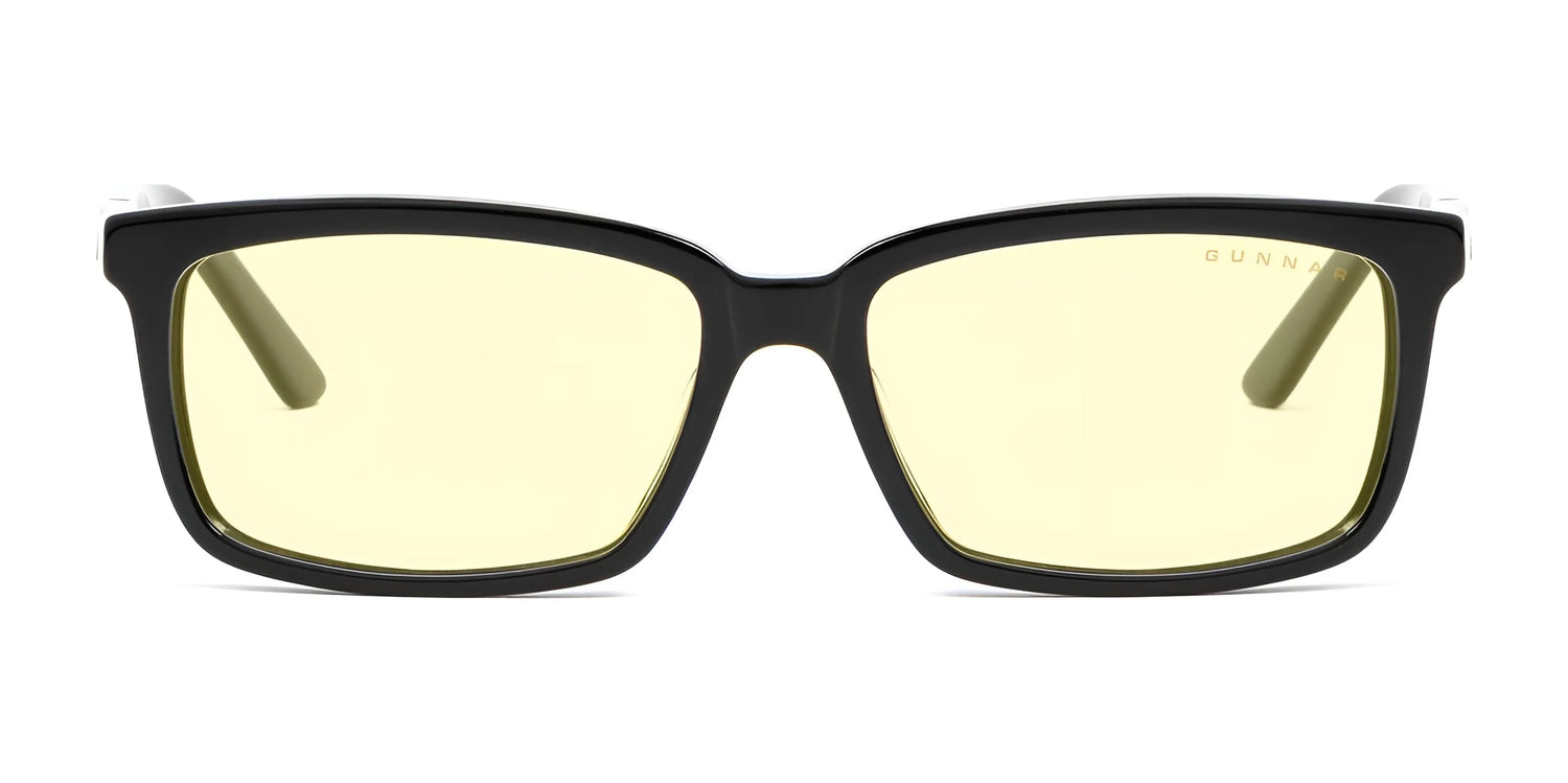 Black-rimmed square Gunnar Haus Computer Glasses by Gunnar, made from handcrafted materials with yellow-tinted and anti-reflective lenses, front view. Size 53. Black-rimmed square Gunnar Haus Computer Glasses by Gunnar, made from handcrafted materials with yellow-tinted and anti-reflective lenses, front view. Size 53.