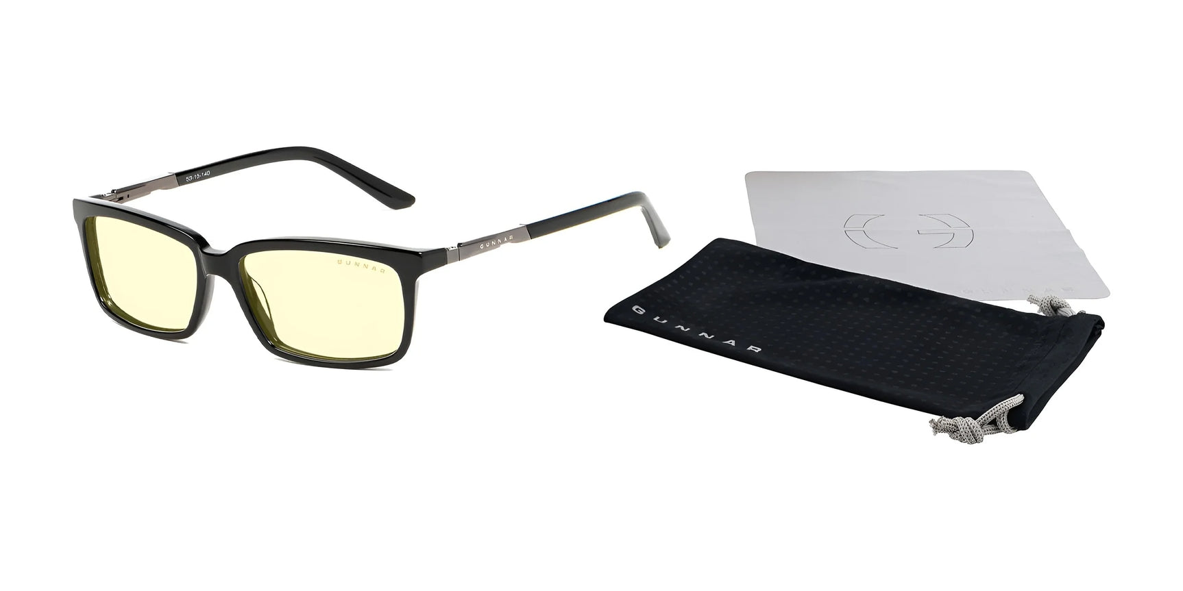 The Gunnar Haus Computer Glasses, size 53, feature black square frames and yellow lenses with anti-reflective coating. They come with a black drawstring pouch and gray cleaning cloth, crafted from high-quality handcrafted materials. The Gunnar Haus Computer Glasses, size 53, feature black square frames and yellow lenses with anti-reflective coating. They come with a black drawstring pouch and gray cleaning cloth, crafted from high-quality handcrafted materials.