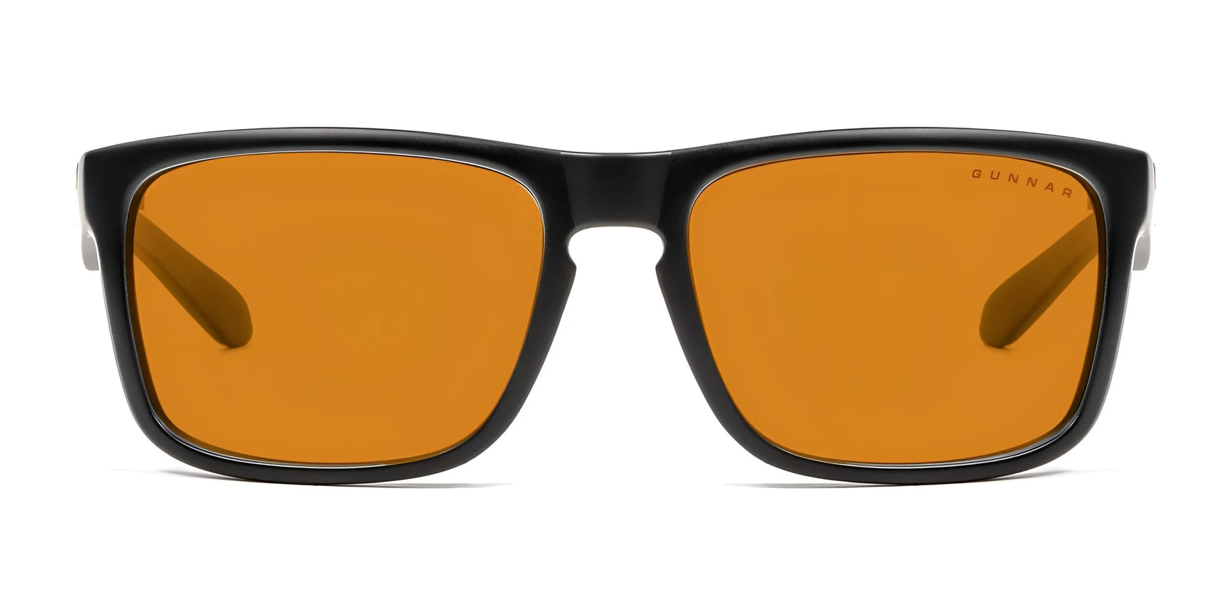 Black-framed Gunnar Intercept Computer Glasses, size 58, featuring square yellow-tinted lenses for blue light protection. Black-framed Gunnar Intercept Computer Glasses, size 58, featuring square yellow-tinted lenses for blue light protection.