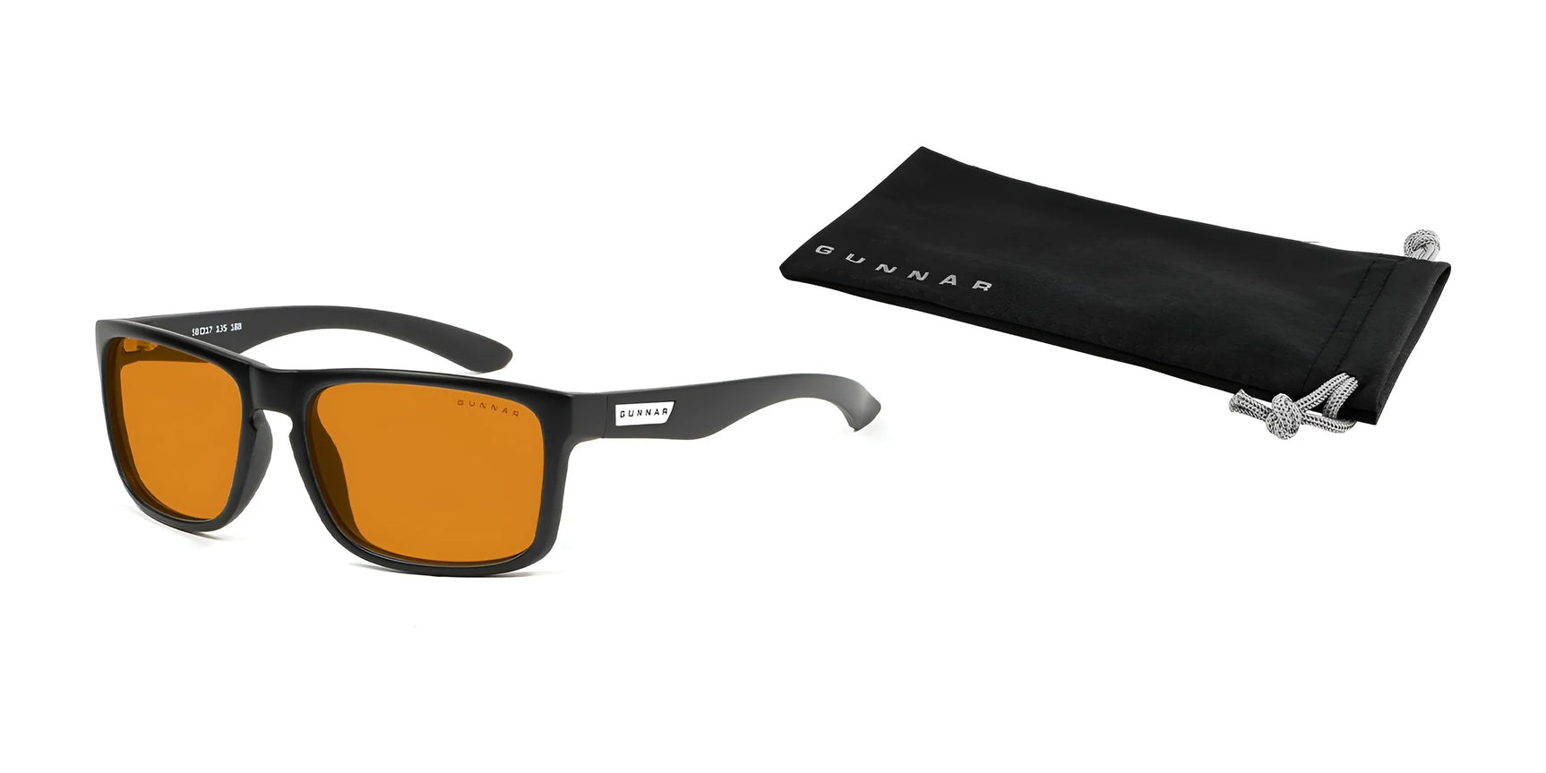 Gunnar Intercept Computer Glasses, size 58, with black frames and amber lenses that offer blue light protection, come with a sleek black pouch featuring "GUNNAR" text. Gunnar Intercept Computer Glasses, size 58, with black frames and amber lenses that offer blue light protection, come with a sleek black pouch featuring "GUNNAR" text.