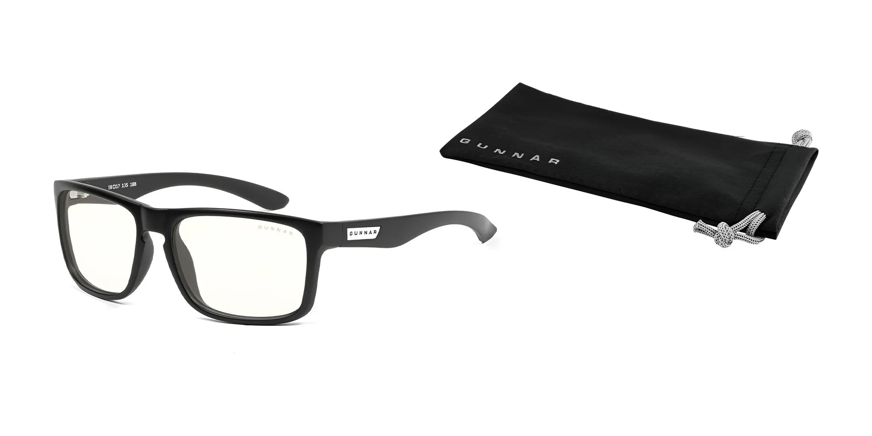 Gunnar Intercept Computer Glasses, size 58 with blue light protection, are showcased next to a sleek black Gunnar pouch on a clean white background. Gunnar Intercept Computer Glasses, size 58 with blue light protection, are showcased next to a sleek black Gunnar pouch on a clean white background.
