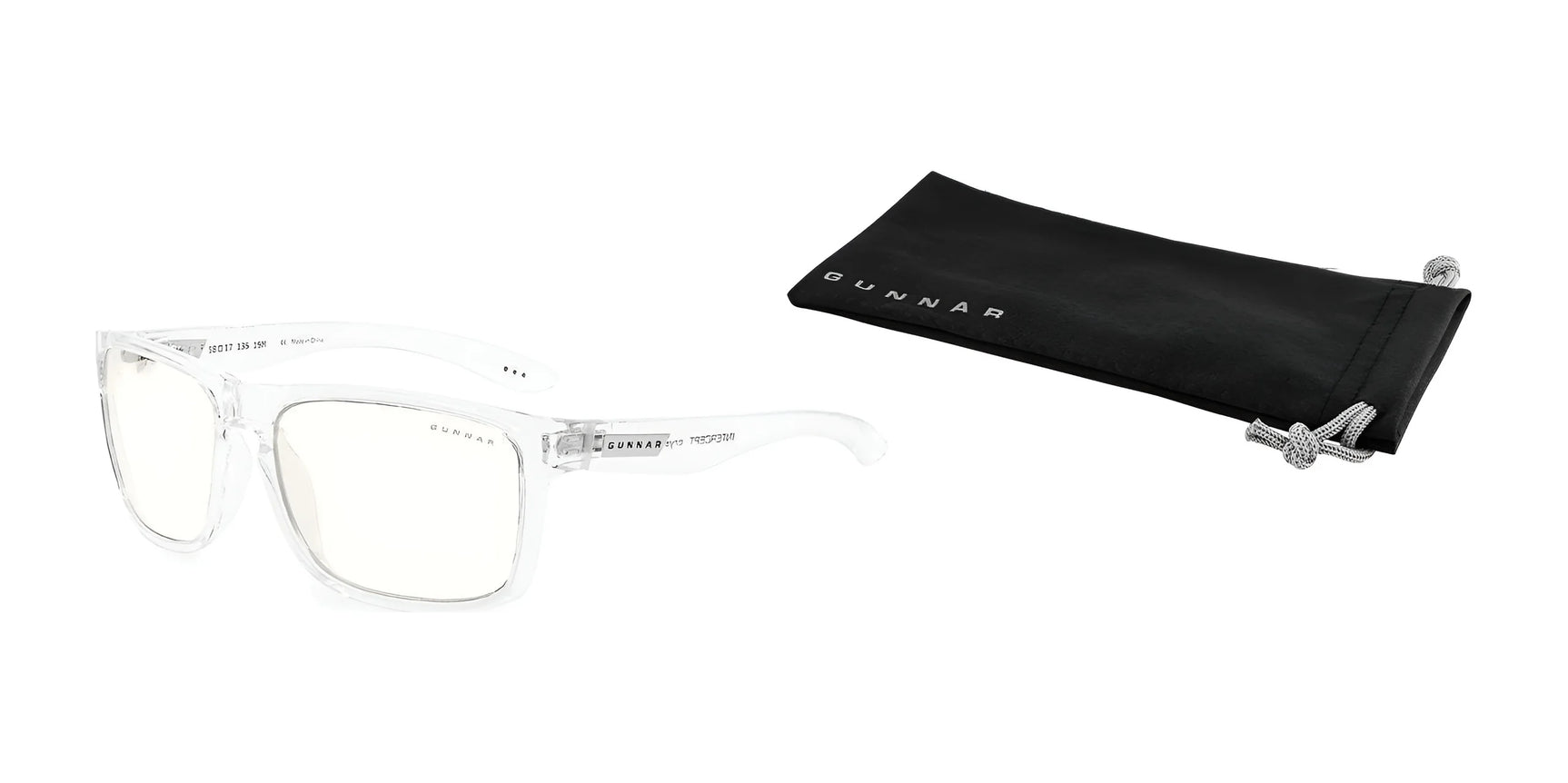 The Gunnar Intercept Computer Glasses, Size 58, feature clear frames with blue light protection and come in a sleek black pouch labeled "GUNNAR" against a white background. The Gunnar Intercept Computer Glasses, Size 58, feature clear frames with blue light protection and come in a sleek black pouch labeled "GUNNAR" against a white background.