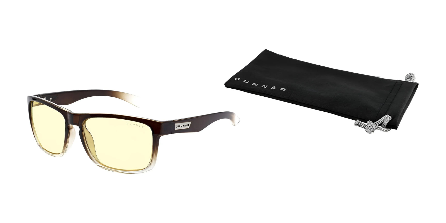 Gunnar Intercept Computer Glasses, featuring brown-tinted lenses and Blue Light Protection, are placed next to a black Gunnar pouch on a white background. Gunnar Intercept Computer Glasses, featuring brown-tinted lenses and Blue Light Protection, are placed next to a black Gunnar pouch on a white background.