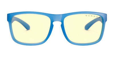Gunnar Intercept Computer Glasses, Size 58, feature a blue frame and yellow-tinted lenses for optimal front view and enhanced blue light protection.
