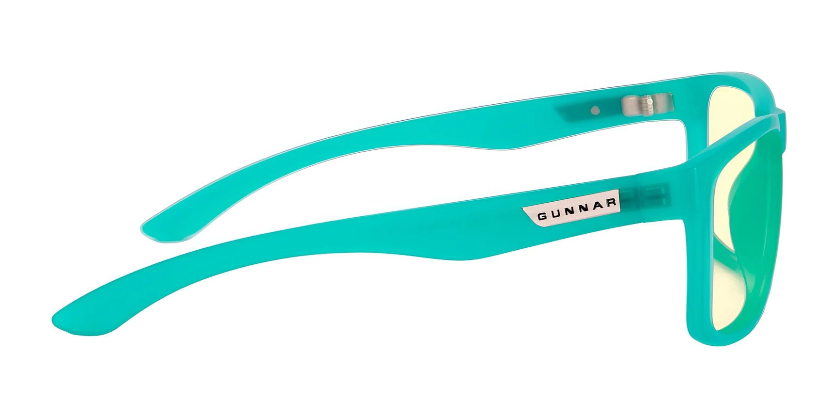Side view of Gunnar Intercept Computer Glasses, size 58, in turquoise with yellow-tinted lenses for blue light protection, set against a white background. Side view of Gunnar Intercept Computer Glasses, size 58, in turquoise with yellow-tinted lenses for blue light protection, set against a white background.