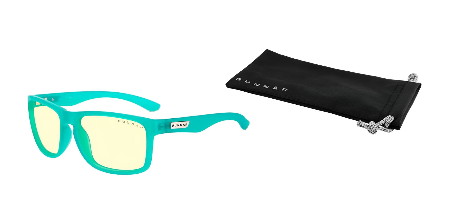Bright blue Gunnar Intercept Computer Glasses, featuring yellow lenses for great blue light protection, lie next to a sleek black pouch labeled "GUNNAR. Bright blue Gunnar Intercept Computer Glasses, featuring yellow lenses for great blue light protection, lie next to a sleek black pouch labeled "GUNNAR.
