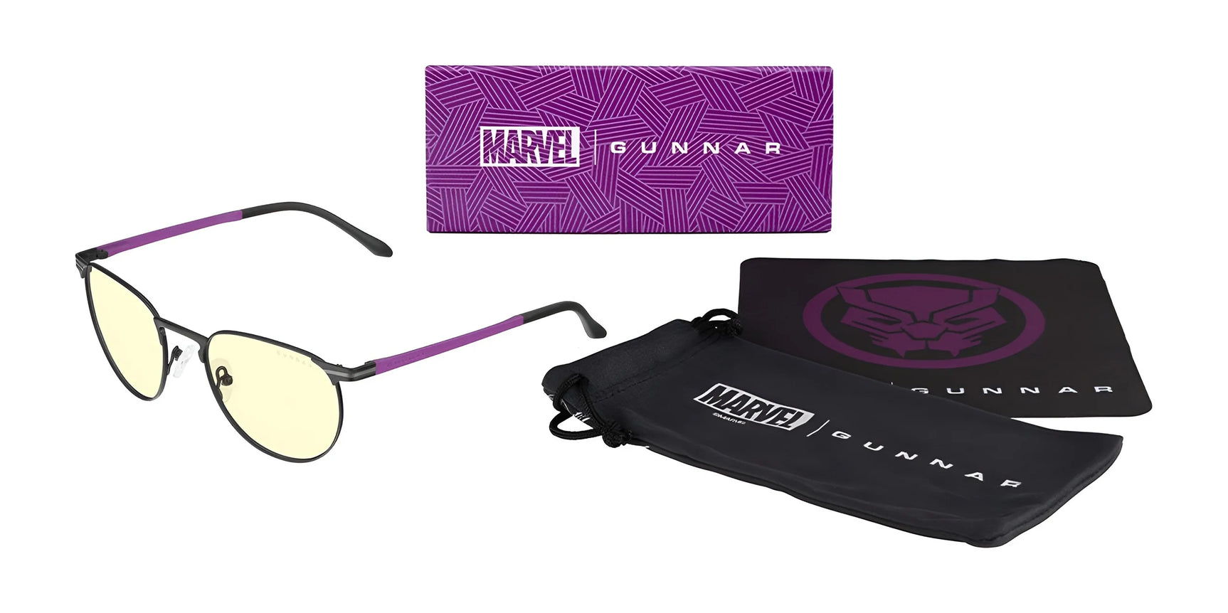 The Gunnar Mateo Black Panther Vibranium Edition Computer Glasses, Size 52, feature a lightweight titanium frame in black and purple. Packaged in a Marvel GUNNAR box with a cloth sporting the panther emblem, they use GUNNAR's patented lens technology for enhanced vision, comfort, and durability. The Gunnar Mateo Black Panther Vibranium Edition Computer Glasses, Size 52, feature a lightweight titanium frame in black and purple. Packaged in a Marvel GUNNAR box with a cloth sporting the panther emblem, they use GUNNAR's patented lens technology for enhanced vision, comfort, and durability.