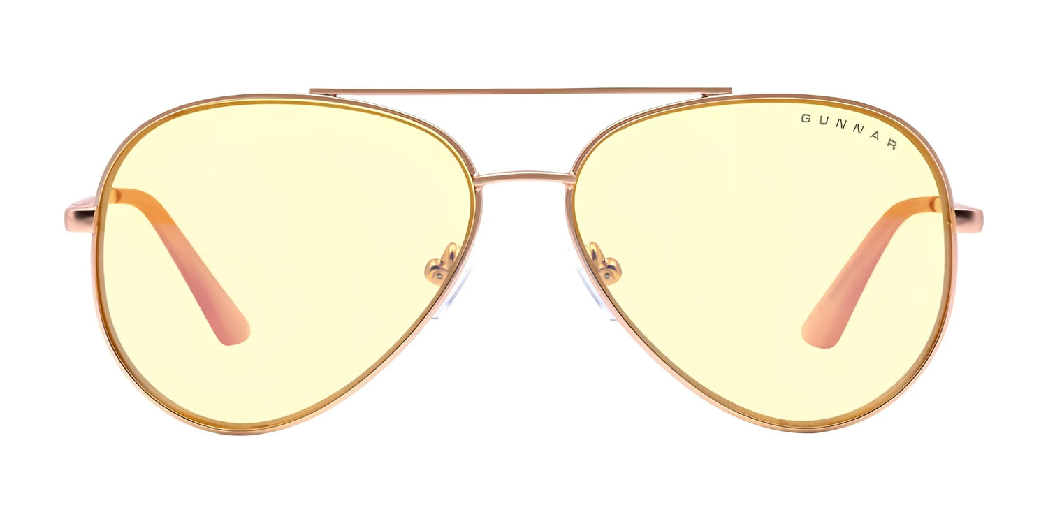 The Gunnar Maverick Computer Glasses, size 58, from Gunnar feature a thin gold aviator-style frame with yellow-tinted lenses to offer subtle elegance and blue light protection against computer eye strain. The Gunnar Maverick Computer Glasses, size 58, from Gunnar feature a thin gold aviator-style frame with yellow-tinted lenses to offer subtle elegance and blue light protection against computer eye strain.