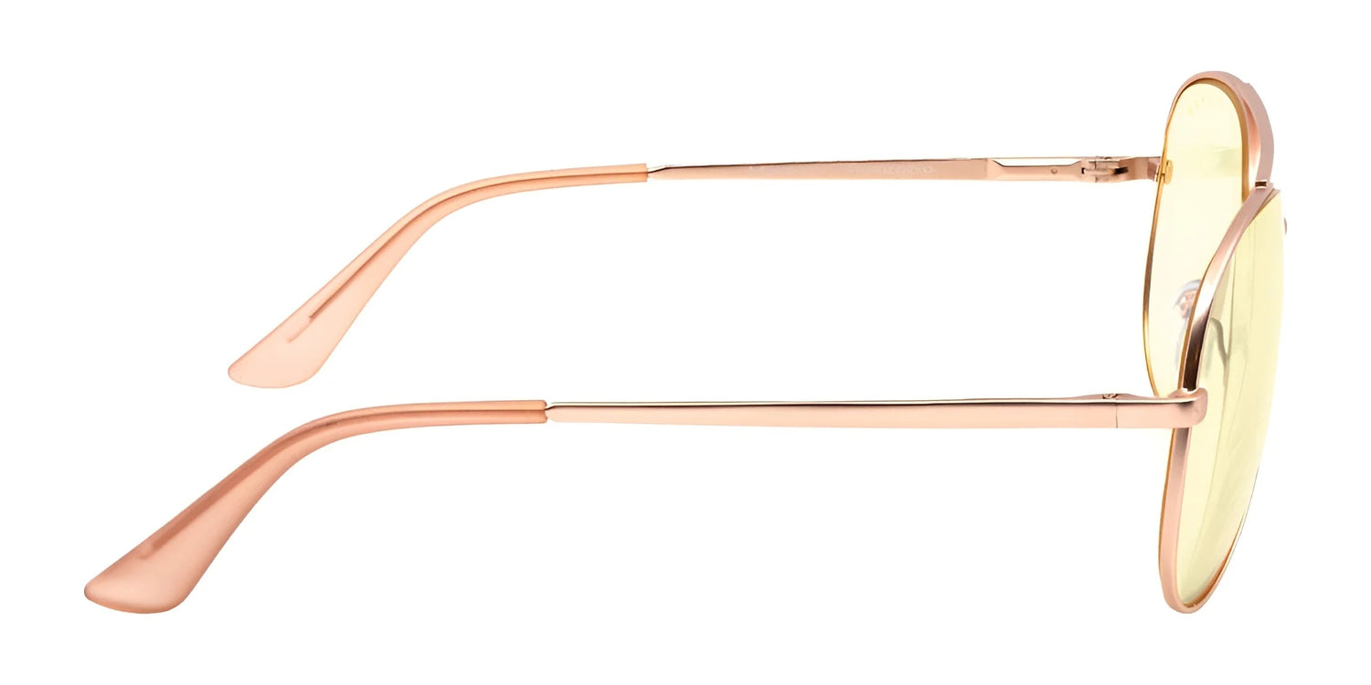 Side view of Gunnar Maverick Computer Glasses in rose gold with yellow-tinted lenses, thin metal arms, and anti-reflective coating for blue light protection. Side view of Gunnar Maverick Computer Glasses in rose gold with yellow-tinted lenses, thin metal arms, and anti-reflective coating for blue light protection.