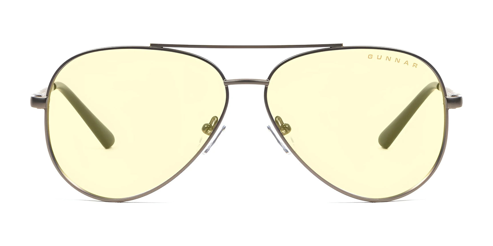 Gunnar Maverick Computer Glasses, with aviator-style design and yellow-tinted lenses, feature a thin metal frame and anti-reflective blue light protection to reduce computer eye strain. Gunnar Maverick Computer Glasses, with aviator-style design and yellow-tinted lenses, feature a thin metal frame and anti-reflective blue light protection to reduce computer eye strain.