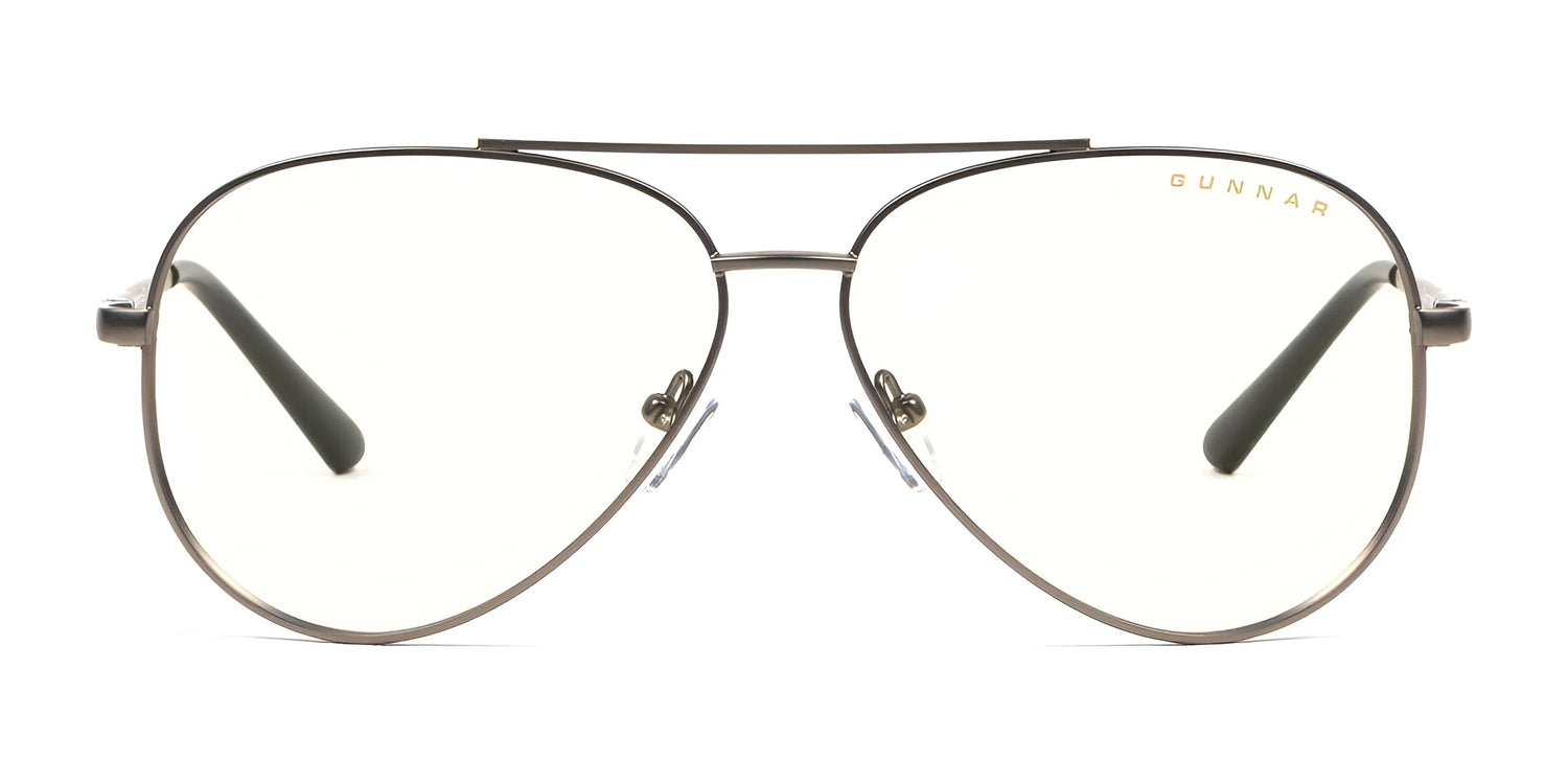 Gunnar Maverick Computer Glasses, size 58, feature an aviator-style metallic frame and clear lenses. The glasses provide blue light protection and have Gunnar's name in the top right corner. These anti-reflective glasses help reduce computer eye strain for improved comfort. Gunnar Maverick Computer Glasses, size 58, feature an aviator-style metallic frame and clear lenses. The glasses provide blue light protection and have Gunnar's name in the top right corner. These anti-reflective glasses help reduce computer eye strain for improved comfort.