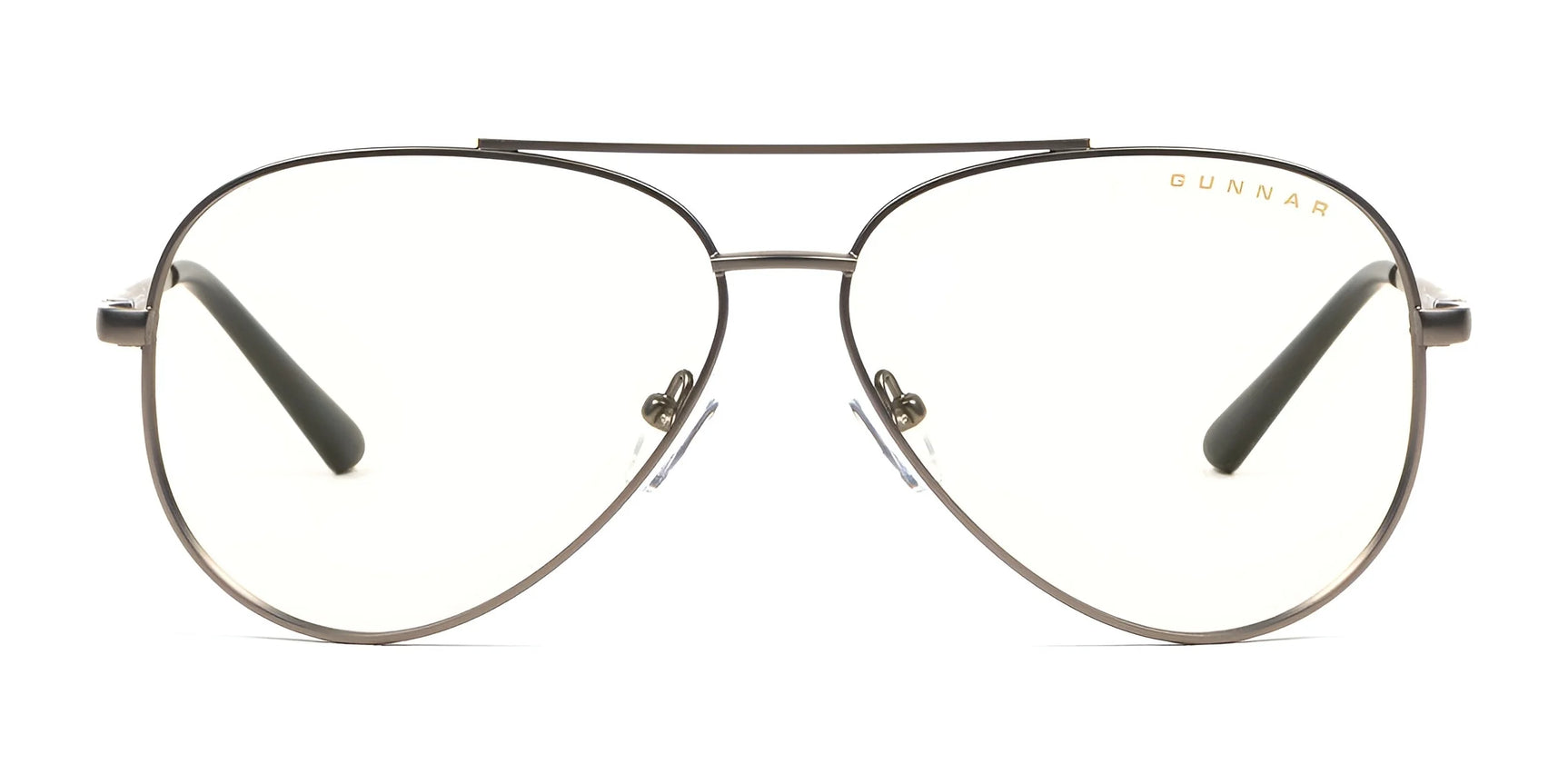 Gunnar Maverick Computer Glasses, size 58, feature an aviator-style metallic frame and clear lenses. The glasses provide blue light protection and have Gunnar's name in the top right corner. These anti-reflective glasses help reduce computer eye strain for improved comfort. Gunnar Maverick Computer Glasses, size 58, feature an aviator-style metallic frame and clear lenses. The glasses provide blue light protection and have Gunnar's name in the top right corner. These anti-reflective glasses help reduce computer eye strain for improved comfort.