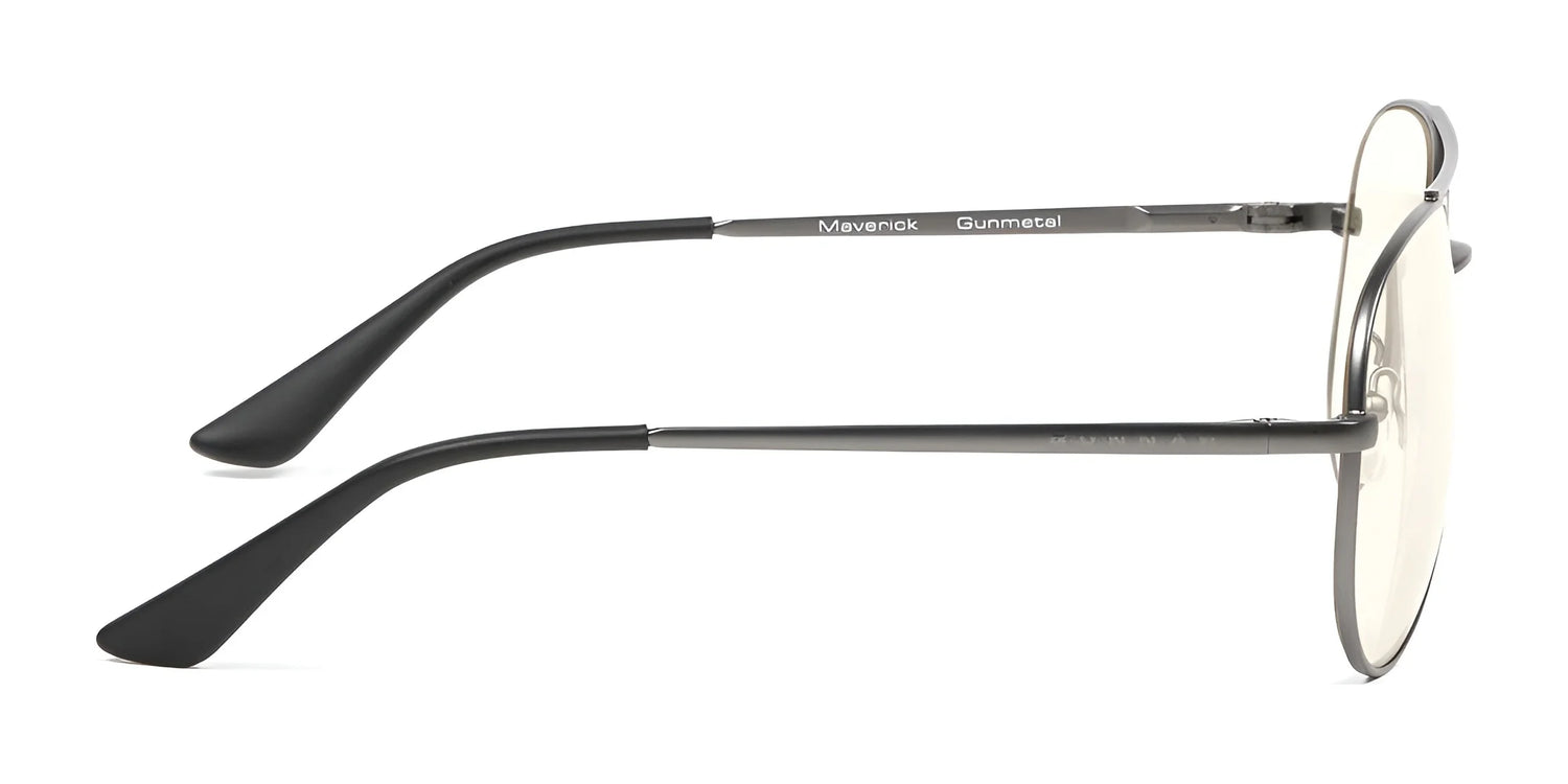 Side view of Gunnar Maverick Computer Glasses with grey frames and black temple tips, designed for blue light protection. Side view of Gunnar Maverick Computer Glasses with grey frames and black temple tips, designed for blue light protection.