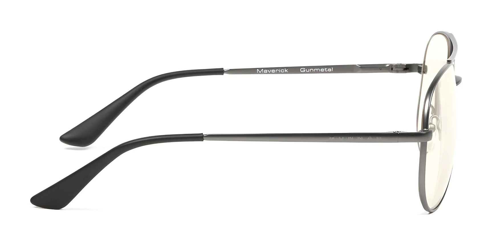 Side view of Gunnar Maverick Computer Glasses with grey frames and black temple tips, designed for blue light protection. Side view of Gunnar Maverick Computer Glasses with grey frames and black temple tips, designed for blue light protection.
