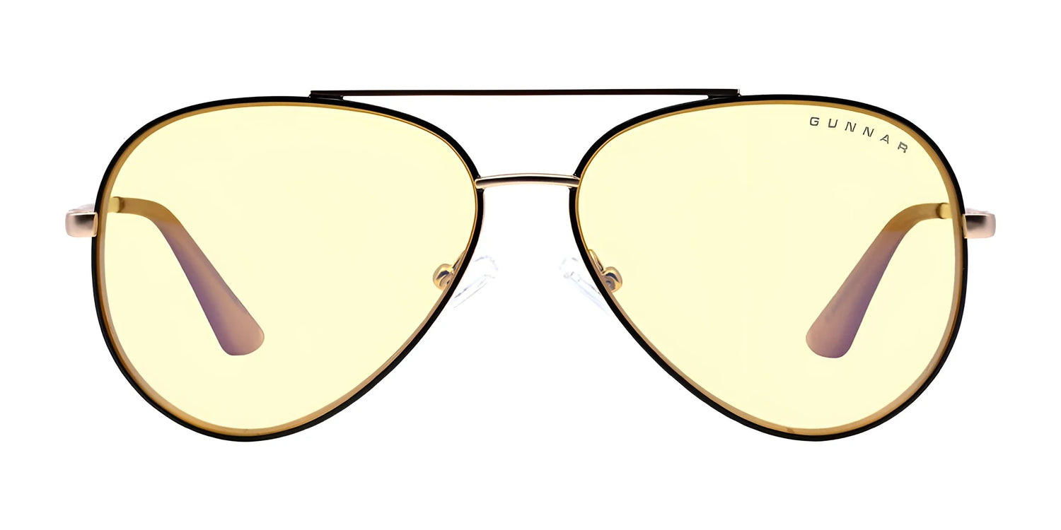 Yellow-tinted Gunnar Maverick Computer Glasses, size 58, feature a thin metal frame on a white background for reducing eye strain. Yellow-tinted Gunnar Maverick Computer Glasses, size 58, feature a thin metal frame on a white background for reducing eye strain.