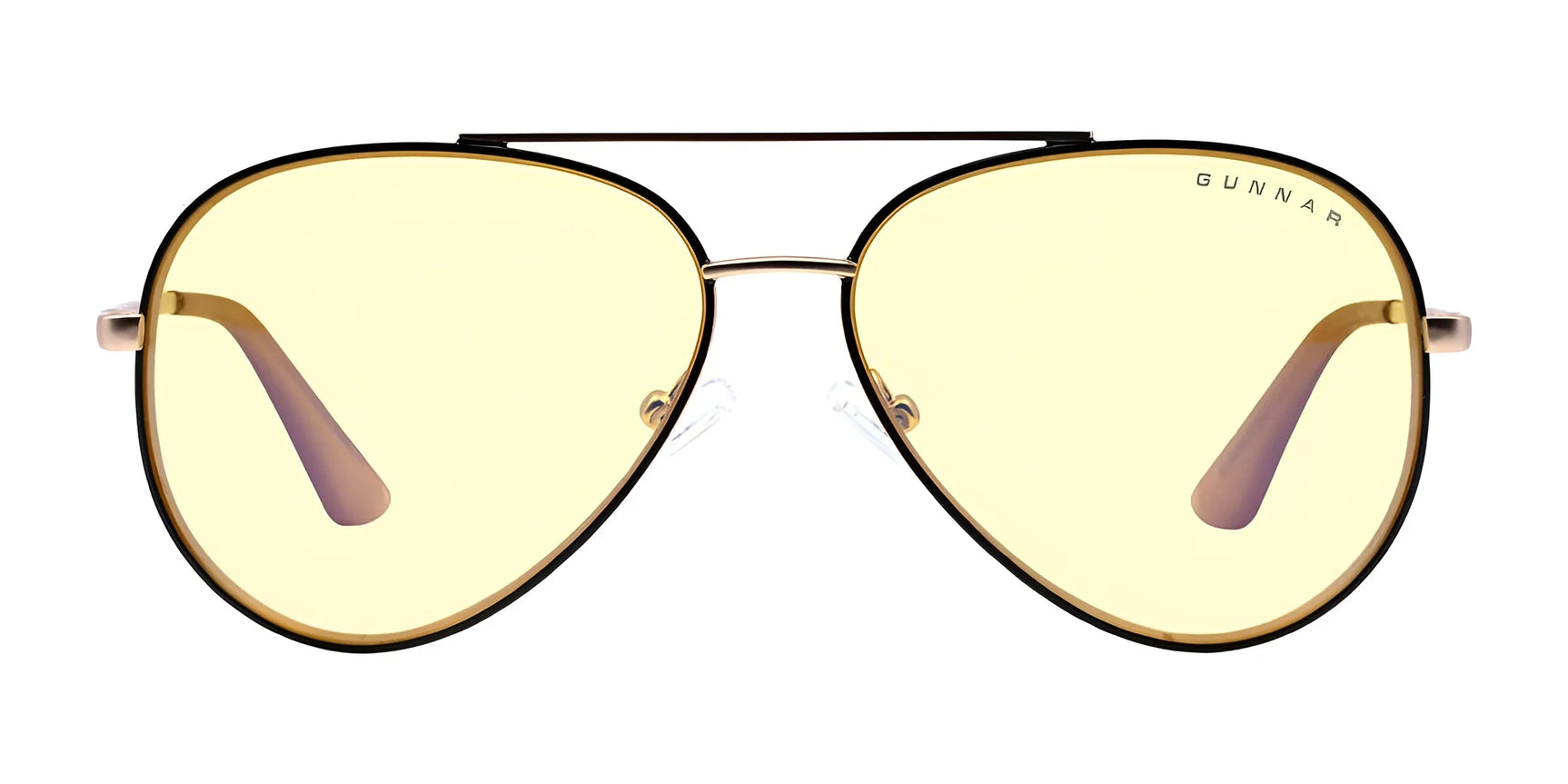 Yellow-tinted Gunnar Maverick Computer Glasses, size 58, feature a thin metal frame on a white background for reducing eye strain. Yellow-tinted Gunnar Maverick Computer Glasses, size 58, feature a thin metal frame on a white background for reducing eye strain.