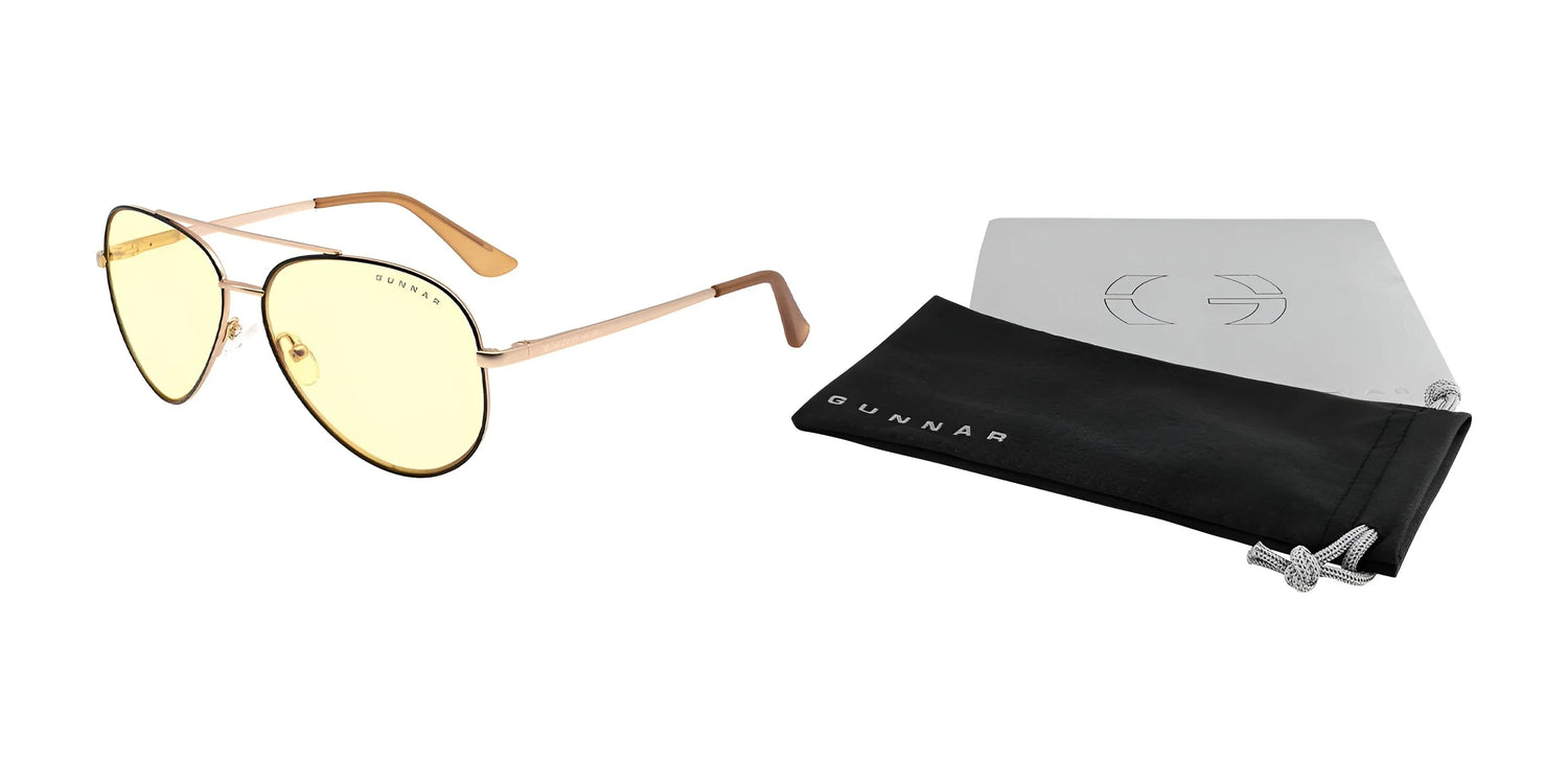 Gunnar Maverick Computer Glasses feature round yellow lenses and a metal frame for blue light protection, complete with a black soft case and cleaning cloth on a white background. Perfect for reducing computer eye strain with style. Brand: Gunnar | Size 58. Gunnar Maverick Computer Glasses feature round yellow lenses and a metal frame for blue light protection, complete with a black soft case and cleaning cloth on a white background. Perfect for reducing computer eye strain with style. Brand: Gunnar | Size 58.