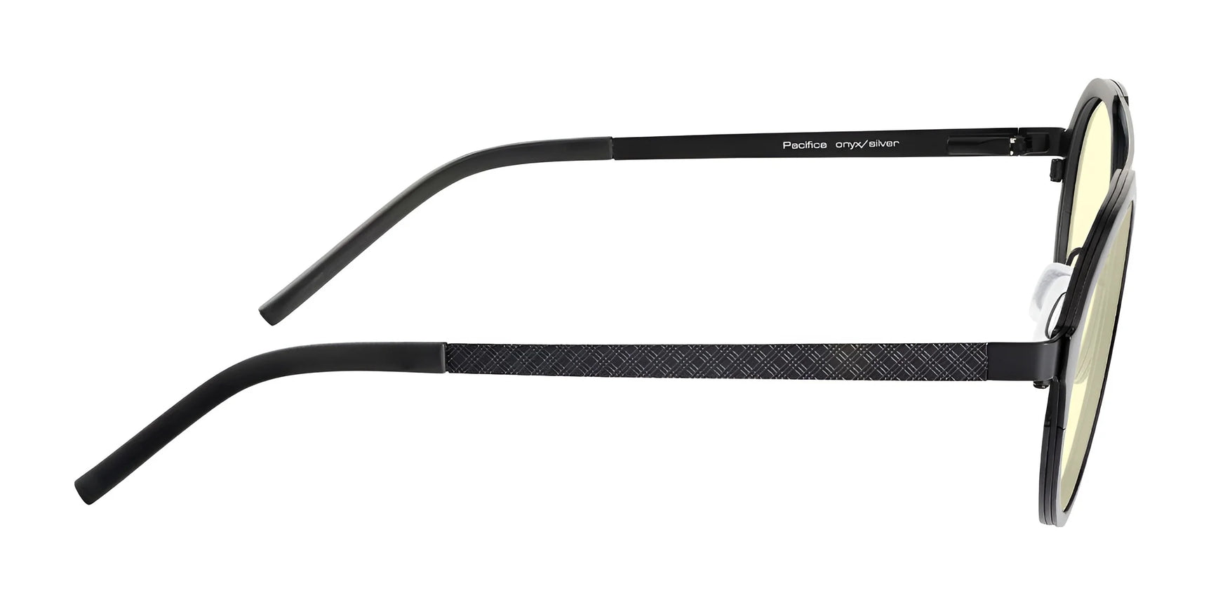 Side view of Gunnar Pacifica Computer Glasses | Size 50, crafted with a minimalist design featuring black rims, yellow-tinted lenses, and textured arms for subtle elegance. Side view of Gunnar Pacifica Computer Glasses | Size 50, crafted with a minimalist design featuring black rims, yellow-tinted lenses, and textured arms for subtle elegance.