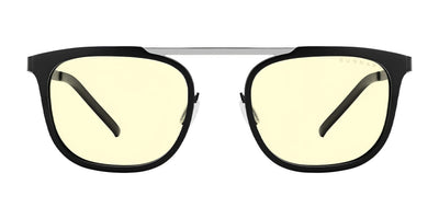Gunnar Pismo Computer Glasses feature black frames and yellow-tinted lenses to reduce blue light exposure. Stylish and functional, they are displayed against a crisp white background.