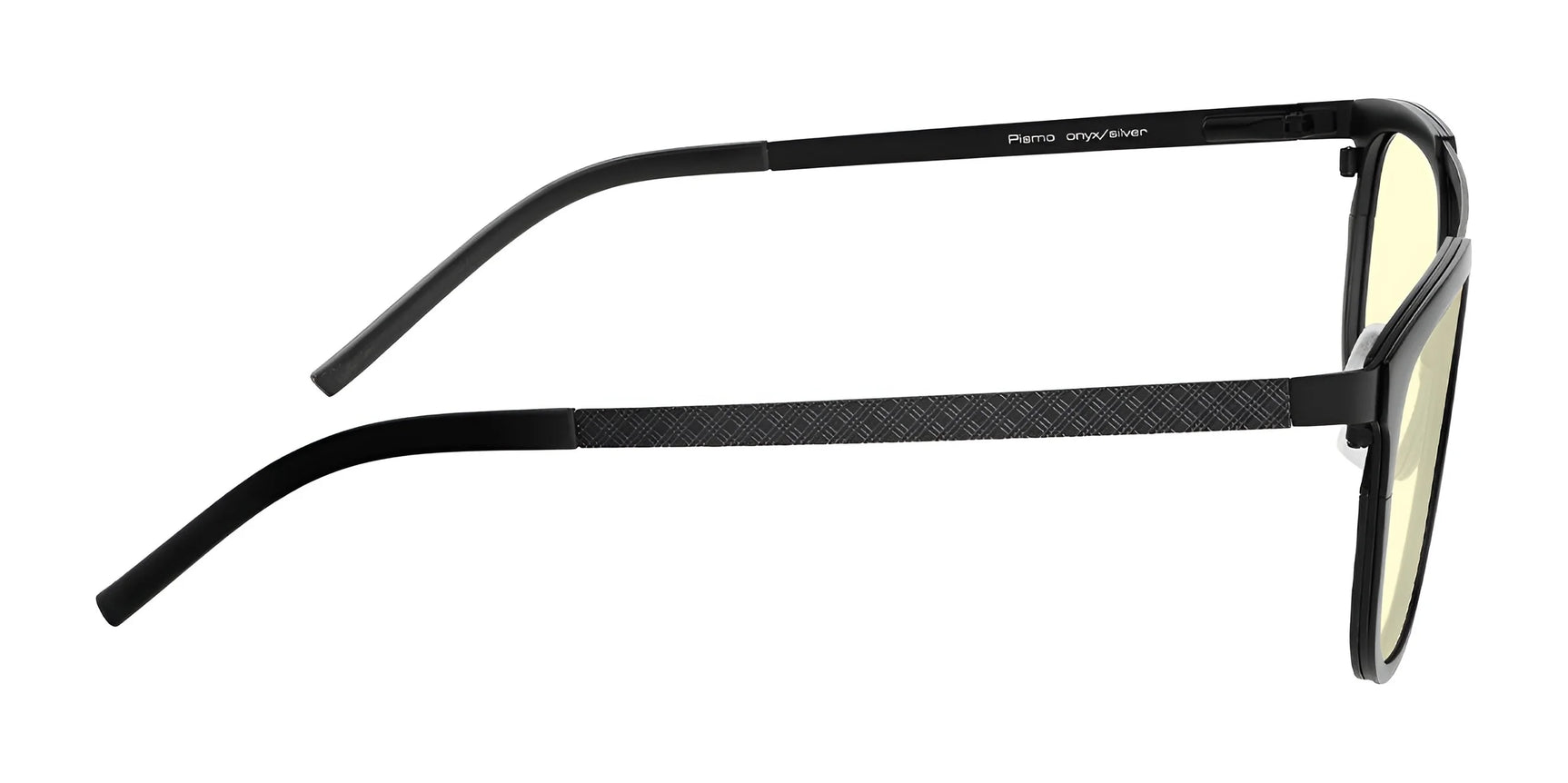 Side view of Gunnar Pismo Computer Glasses | Size 50, featuring black rims with textured temples and stylish yellow-tinted lenses to block blue light, set against a white background. Side view of Gunnar Pismo Computer Glasses | Size 50, featuring black rims with textured temples and stylish yellow-tinted lenses to block blue light, set against a white background.