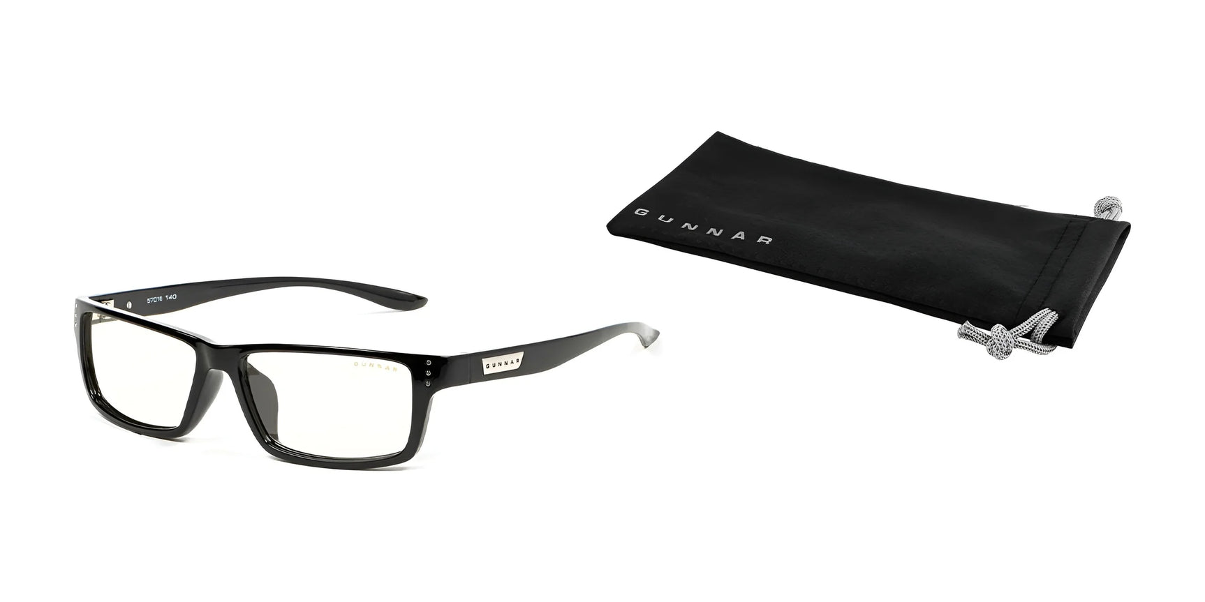 Gunnar Riot Computer Glasses, Size 58, featuring GUNNAR lens technology for blue light protection, come with a soft nylon frame pouch labeled "Gunnar" on a white background. Gunnar Riot Computer Glasses, Size 58, featuring GUNNAR lens technology for blue light protection, come with a soft nylon frame pouch labeled "Gunnar" on a white background.