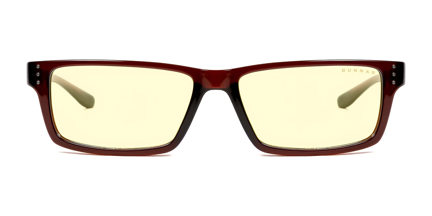 Gunnar Riot Computer Glasses, Size 58, feature a rectangular design with brown nylon frames and yellow-tinted lenses using GUNNAR lens technology for improved visual comfort. Front view. Gunnar Riot Computer Glasses, Size 58, feature a rectangular design with brown nylon frames and yellow-tinted lenses using GUNNAR lens technology for improved visual comfort. Front view.