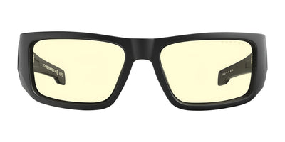 Gunnar Overwatch Reaper Computer Glasses feature a black rectangular design and yellow-tinted lenses with advanced anti-reflective technology, ideal for Overwatch 2 marathons.