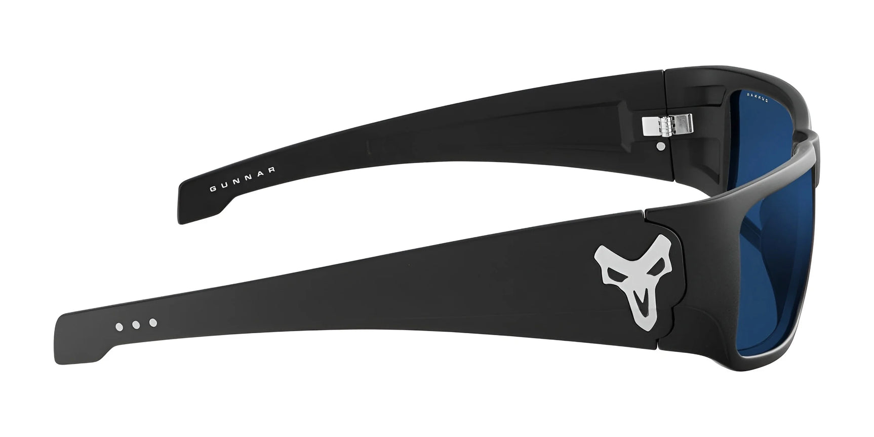 Side view of black Gunnar Overwatch Reaper sunglasses, size 58, featuring blue lenses and a white logo on the temple arm—ideal for Overwatch 2 fans. Side view of black Gunnar Overwatch Reaper sunglasses, size 58, featuring blue lenses and a white logo on the temple arm—ideal for Overwatch 2 fans.