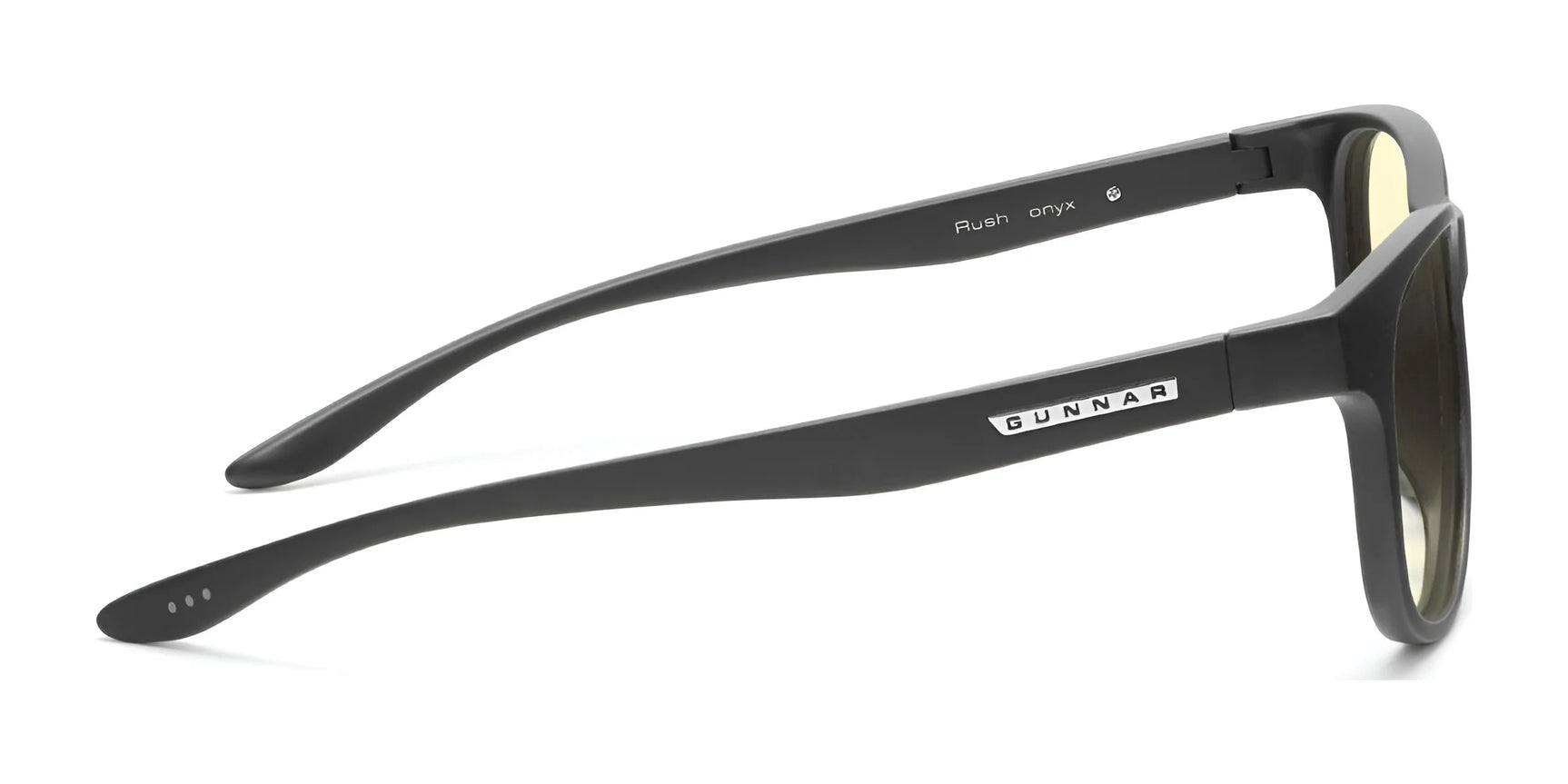 Side view of black Gunnar Rush Computer Glasses, featuring yellow-tinted blue light blocking lenses for kids and teens, with the "Gunnar" label on the temple. Size 53. Side view of black Gunnar Rush Computer Glasses, featuring yellow-tinted blue light blocking lenses for kids and teens, with the "Gunnar" label on the temple. Size 53.