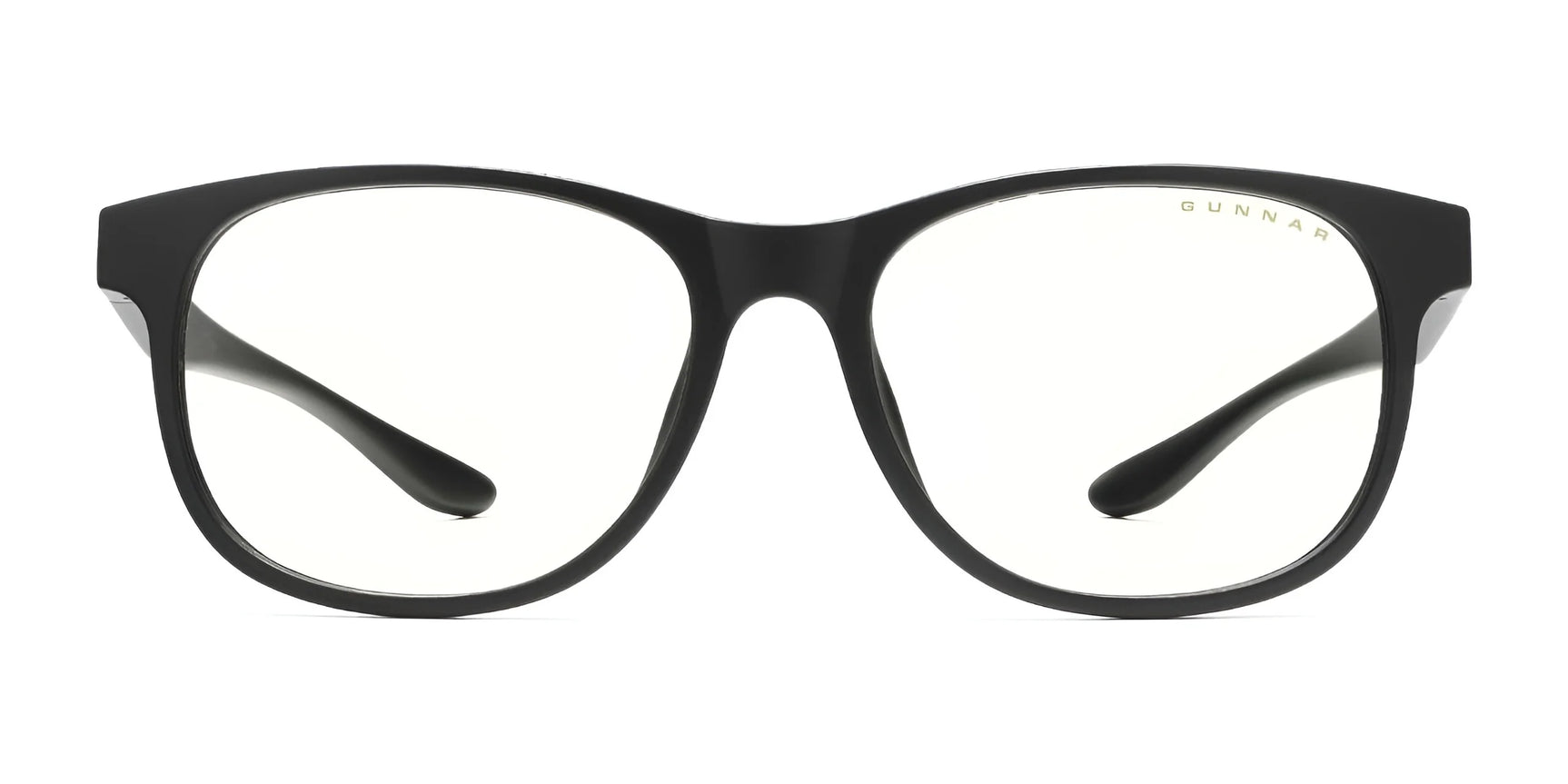 The Gunnar Rush Computer Glasses, Size 53, showcase black rims and clear lenses for kids and teens. Displayed on a white background, these stylish eyeglasses offer blue light blocking technology. The Gunnar Rush Computer Glasses, Size 53, showcase black rims and clear lenses for kids and teens. Displayed on a white background, these stylish eyeglasses offer blue light blocking technology.