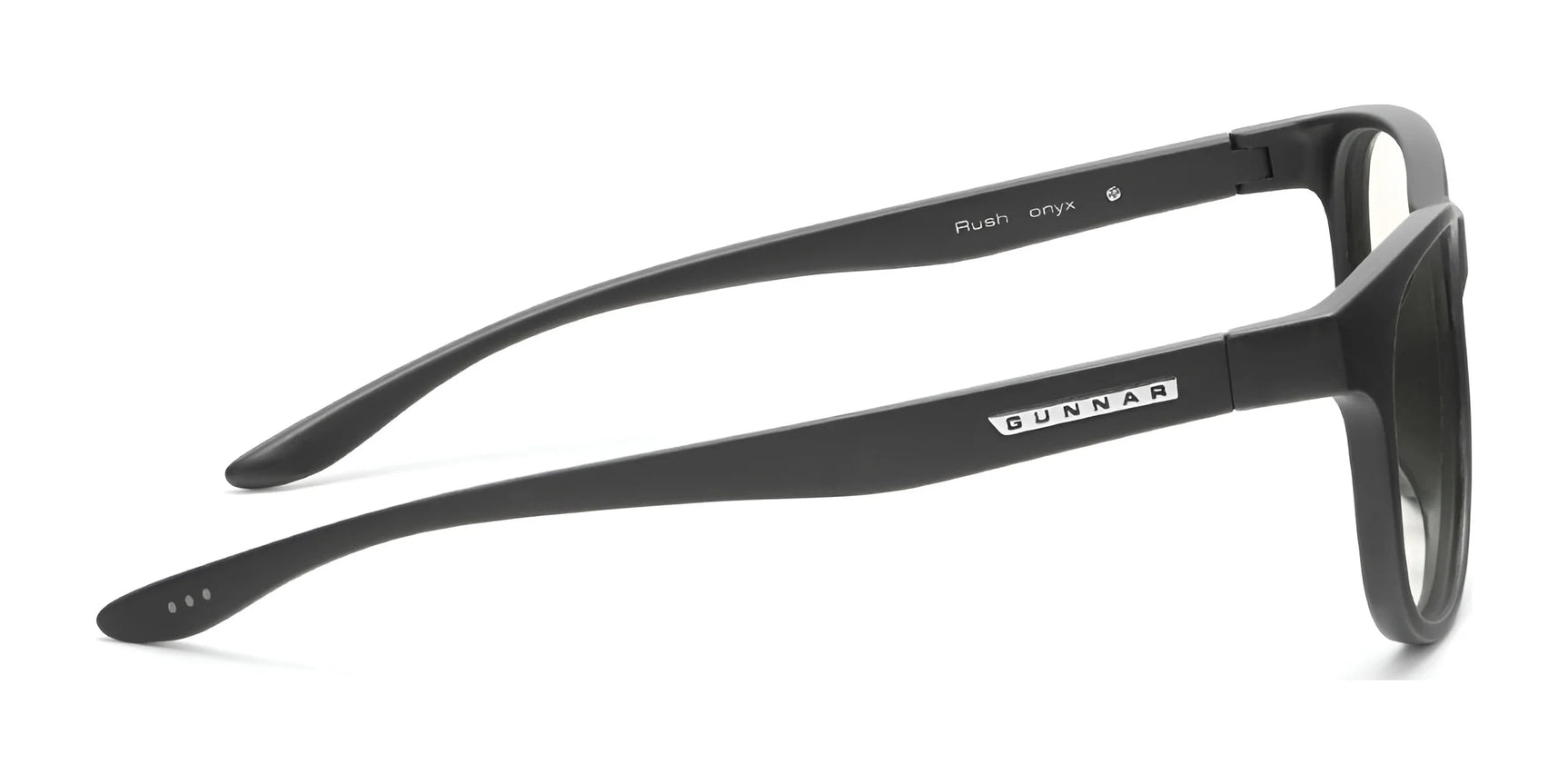 The Gunnar Rush Computer Glasses feature black rectangular frames and blue light blocking lenses for kids and teens. "Gunnar" is prominently displayed on the temple in the side view, and they come in size 53. The Gunnar Rush Computer Glasses feature black rectangular frames and blue light blocking lenses for kids and teens. "Gunnar" is prominently displayed on the temple in the side view, and they come in size 53.