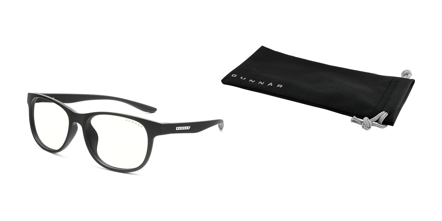 Gunnar Rush Computer Glasses with black rims and yellow-tinted, blue light-blocking lenses rest beside a black Gunnar pouch on a white background, ideal for kids and teens seeking style and eye protection. Gunnar Rush Computer Glasses with black rims and yellow-tinted, blue light-blocking lenses rest beside a black Gunnar pouch on a white background, ideal for kids and teens seeking style and eye protection.
