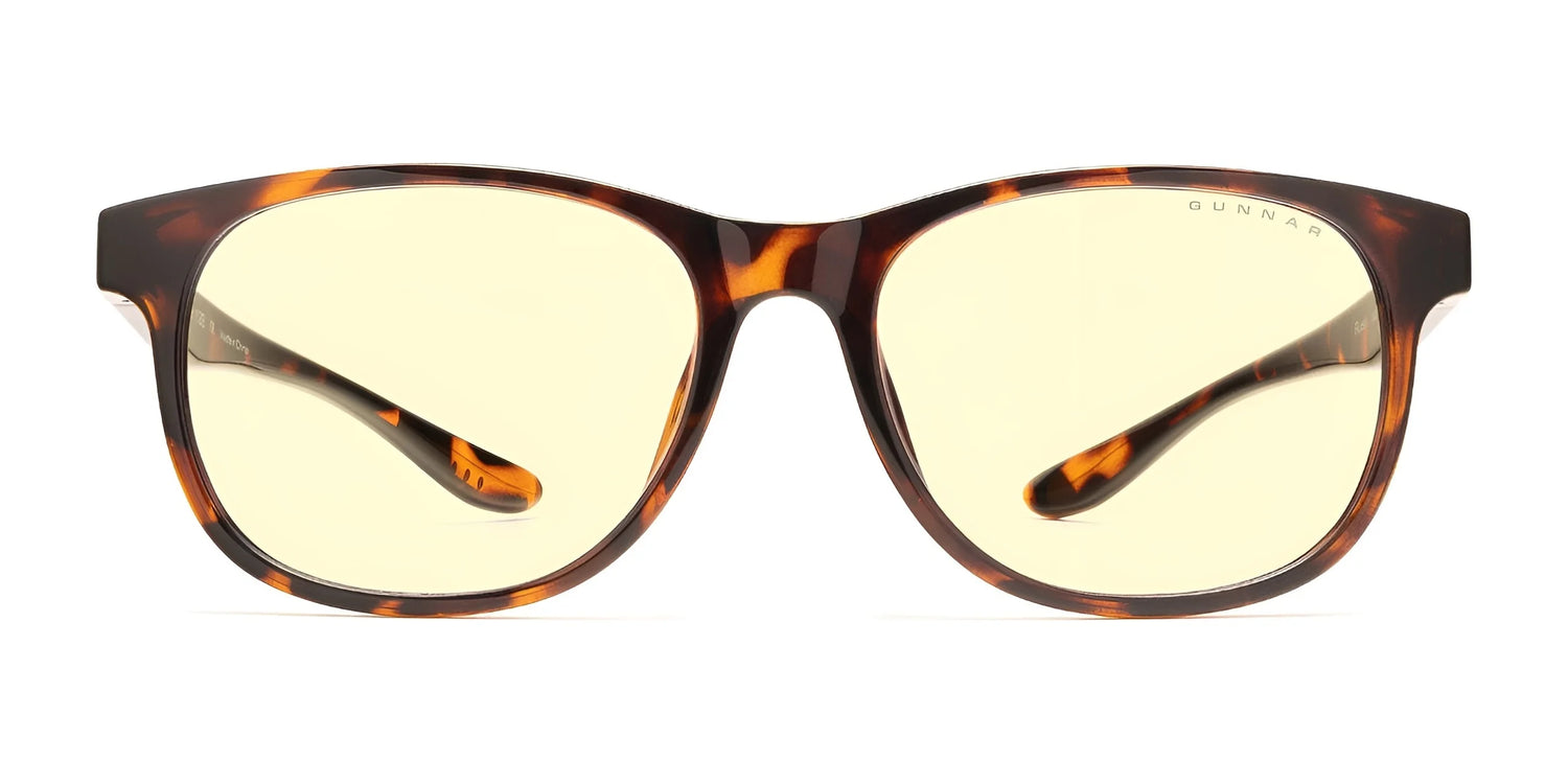 The Gunnar Rush Computer Glasses feature tortoise-shell frames and yellow-tinted, blue light-blocking lenses, ideal for kids and teens. Stylishly designed when viewed from the front. The Gunnar Rush Computer Glasses feature tortoise-shell frames and yellow-tinted, blue light-blocking lenses, ideal for kids and teens. Stylishly designed when viewed from the front.