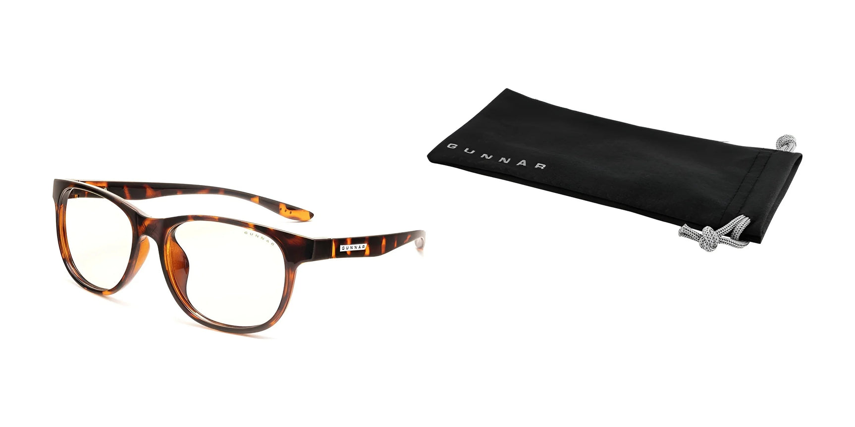 The Gunnar Rush Computer Glasses, size 53, are stylish tortoiseshell eyeglasses for kids and teens, with blue light blocking technology. They come next to a black pouch featuring the "Gunnar" logo to protect young eyes during screen time. The Gunnar Rush Computer Glasses, size 53, are stylish tortoiseshell eyeglasses for kids and teens, with blue light blocking technology. They come next to a black pouch featuring the "Gunnar" logo to protect young eyes during screen time.