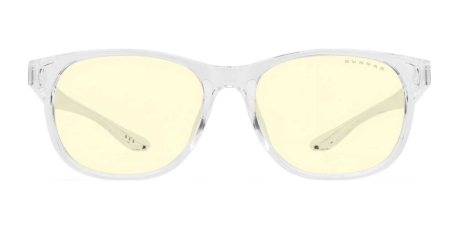 The Gunnar Rush Computer Glasses, size 53, designed for kids and teens with clear frames and light yellow tinted lenses, effectively block blue light when viewed from the front. The Gunnar Rush Computer Glasses, size 53, designed for kids and teens with clear frames and light yellow tinted lenses, effectively block blue light when viewed from the front.
