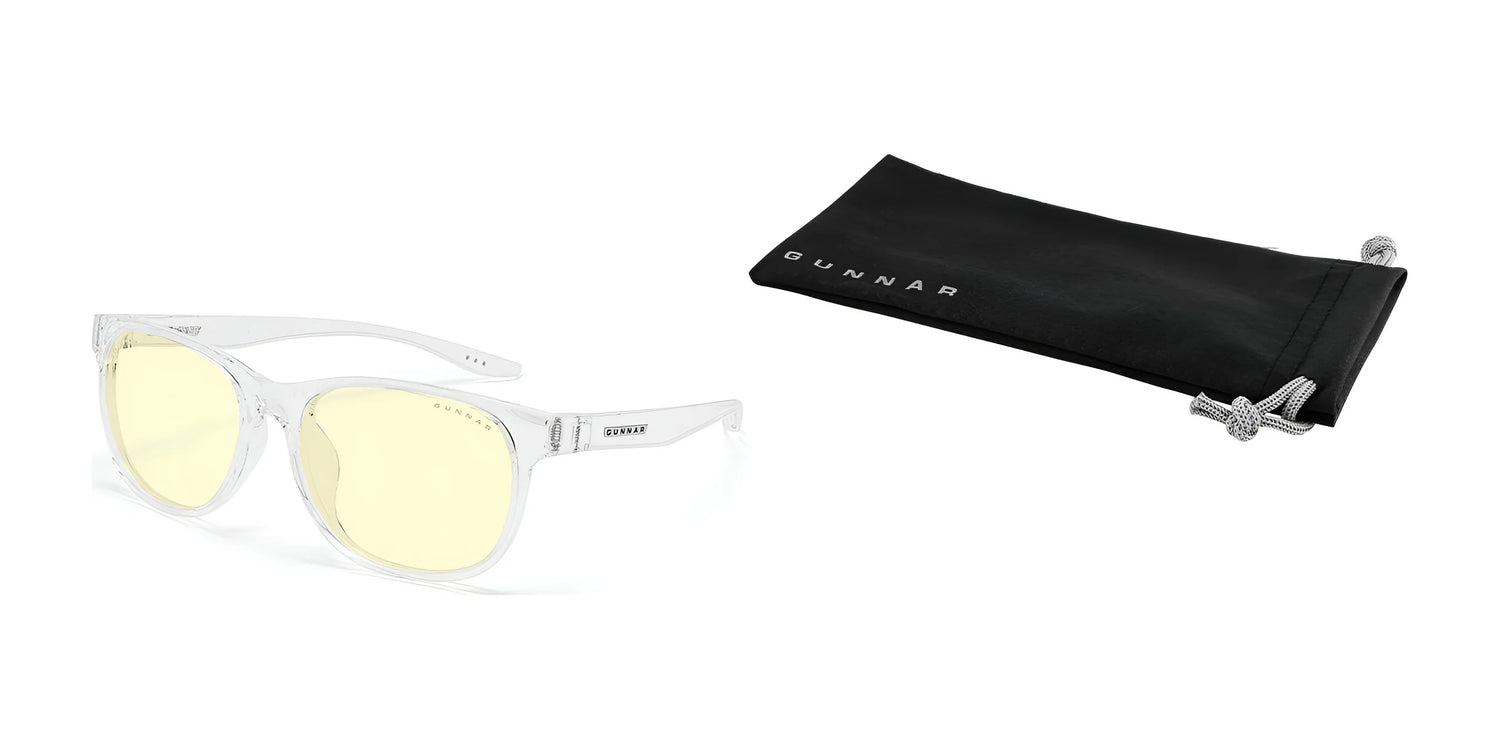 Gunnar Rush Computer Glasses, size 53, feature clear frames and yellow lenses designed for kids and teens to block blue light. They include a sleek black pouch branded "GUNNAR. Gunnar Rush Computer Glasses, size 53, feature clear frames and yellow lenses designed for kids and teens to block blue light. They include a sleek black pouch branded "GUNNAR.