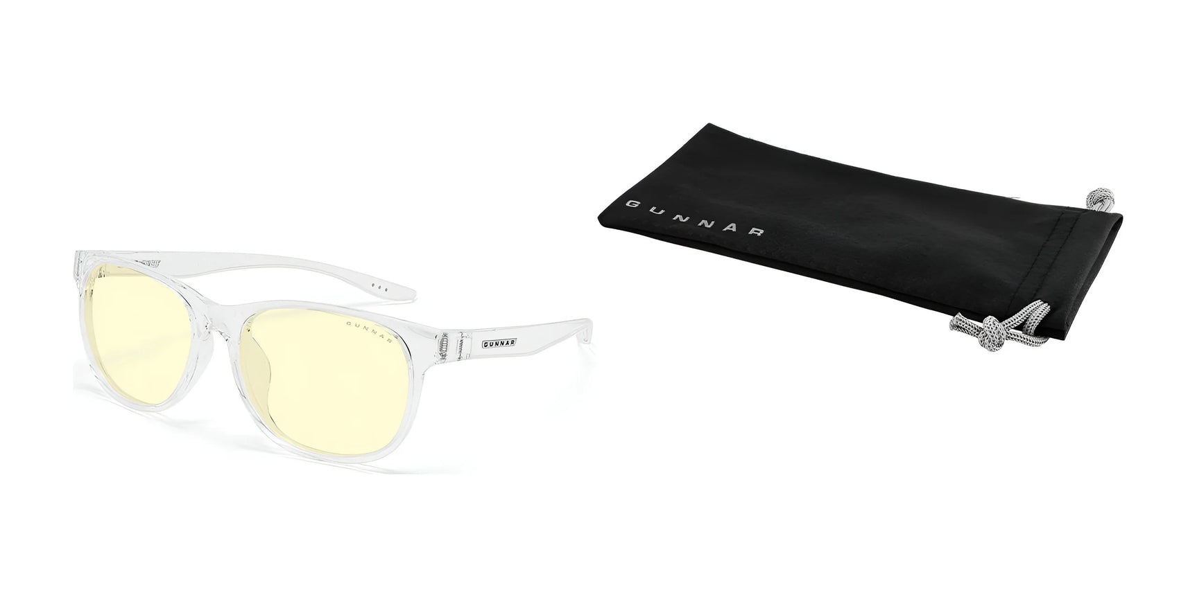 Gunnar Rush Computer Glasses, size 53, feature clear frames and yellow lenses designed for kids and teens to block blue light. They include a sleek black pouch branded "GUNNAR. Gunnar Rush Computer Glasses, size 53, feature clear frames and yellow lenses designed for kids and teens to block blue light. They include a sleek black pouch branded "GUNNAR.