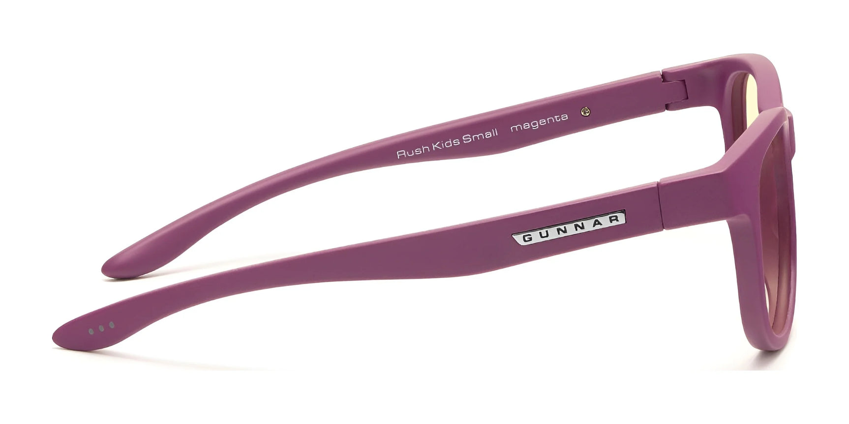Side view of magenta Gunnar Rush Kids Computer Glasses, designed for children and teens, featuring a blue light-blocking label on the temple. Side view of magenta Gunnar Rush Kids Computer Glasses, designed for children and teens, featuring a blue light-blocking label on the temple.