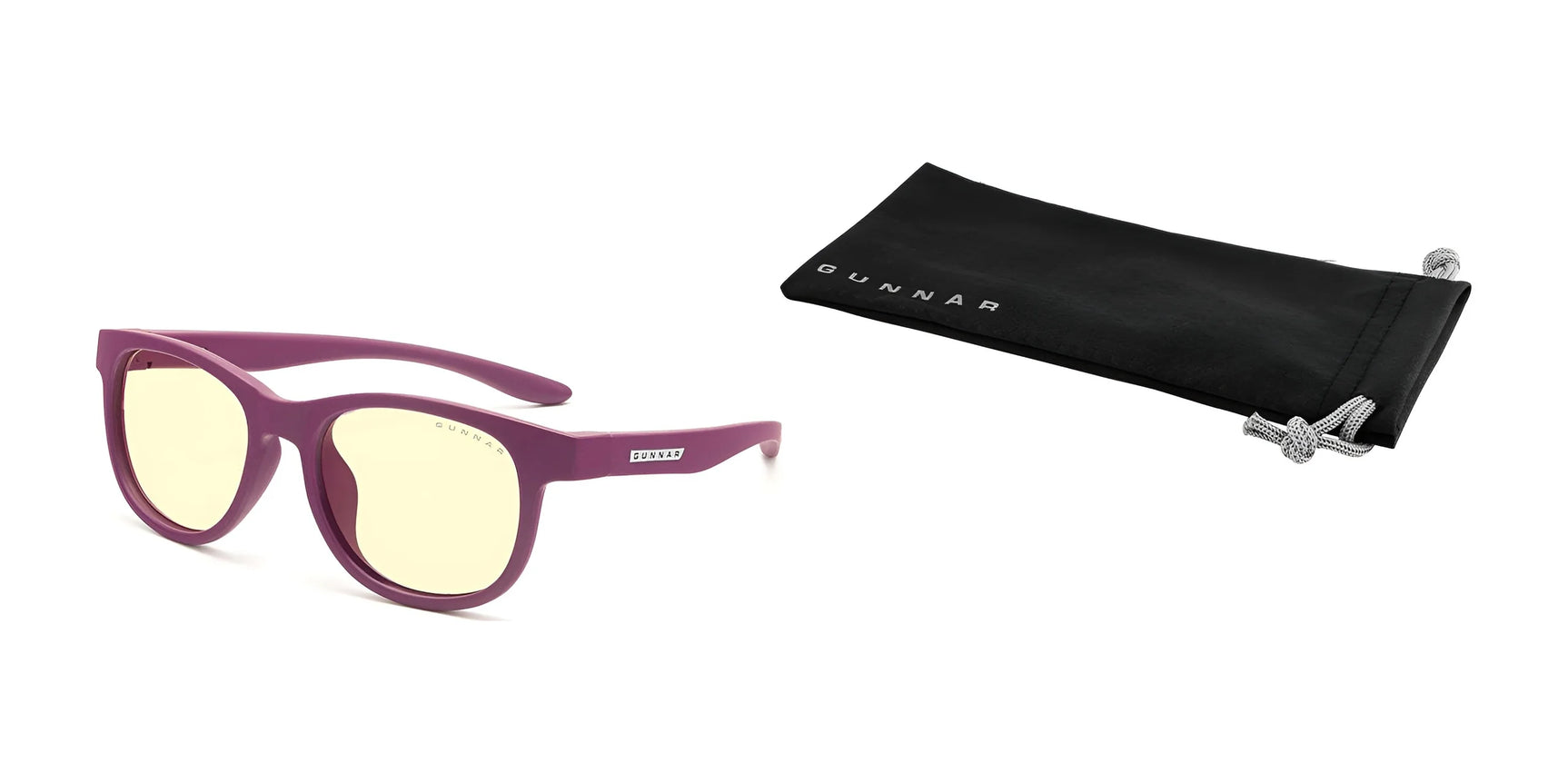 The Gunnar Rush Kids Computer Glasses by Gunnar come with purple frames and yellow-tinted lenses to block blue light, ideal for kids and teens. They include a sleek black soft case. The Gunnar Rush Kids Computer Glasses by Gunnar come with purple frames and yellow-tinted lenses to block blue light, ideal for kids and teens. They include a sleek black soft case.