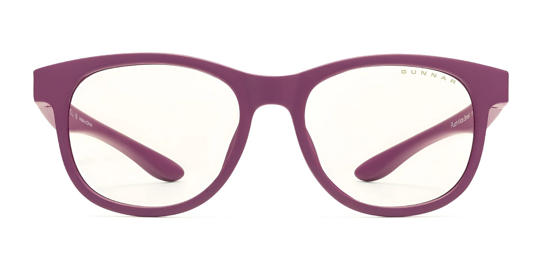 Front view of Gunnar Rush Kids Computer Glasses by Gunnar, featuring purple frames and slightly tinted lenses, designed for kids and teens, on a white background. Front view of Gunnar Rush Kids Computer Glasses by Gunnar, featuring purple frames and slightly tinted lenses, designed for kids and teens, on a white background.