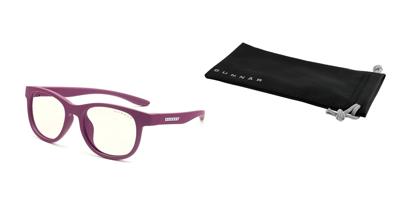 The Gunnar Rush Kids Computer Glasses, featuring purple frames with clear lenses for kids and teens, are artfully displayed next to a sleek black Gunnar pouch on a white background. These stylish glasses offer blue light blocking for optimal eye comfort. The Gunnar Rush Kids Computer Glasses, featuring purple frames with clear lenses for kids and teens, are artfully displayed next to a sleek black Gunnar pouch on a white background. These stylish glasses offer blue light blocking for optimal eye comfort.