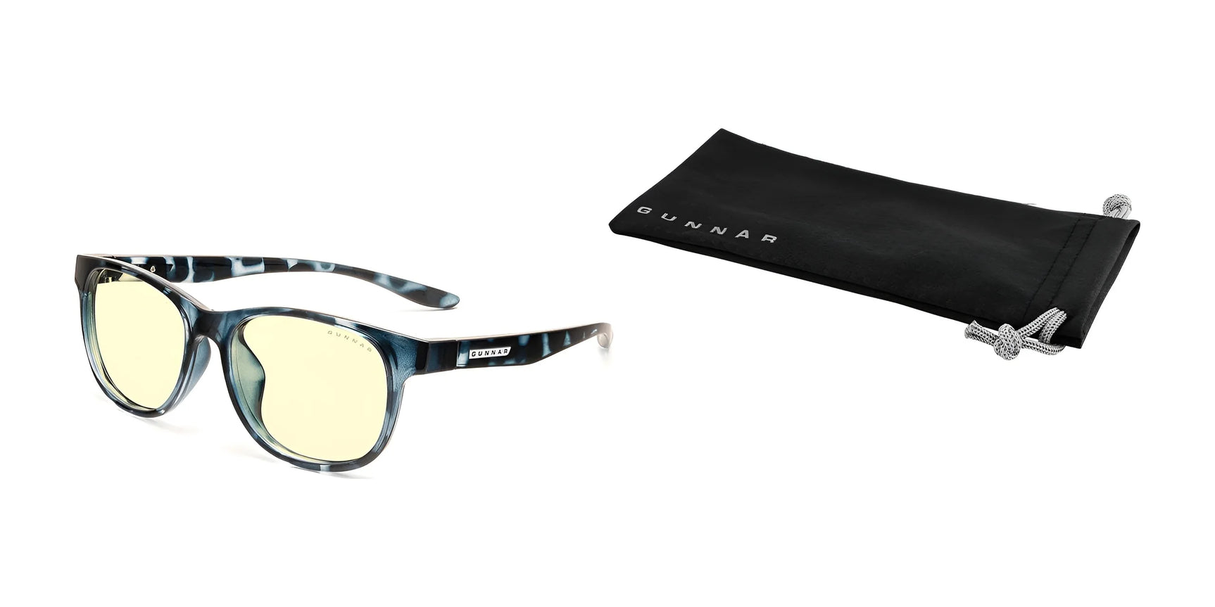 Gunnar Rush Kids Computer Glasses with blue patterns and tinted lenses rest beside a sleek black Gunnar pouch on a white background. Gunnar Rush Kids Computer Glasses with blue patterns and tinted lenses rest beside a sleek black Gunnar pouch on a white background.