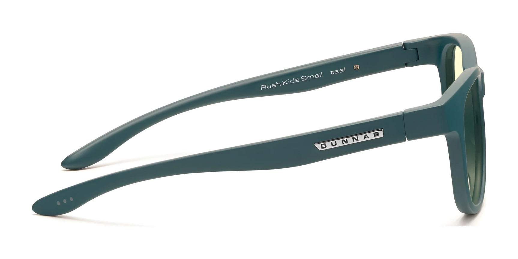 Gunnar Rush Kids' teal sunglasses, designed for kids and teens as blue light blocking computer glasses, feature the "Rush Kids Small" text on the arm and are viewed from the side. Gunnar Rush Kids' teal sunglasses, designed for kids and teens as blue light blocking computer glasses, feature the "Rush Kids Small" text on the arm and are viewed from the side.