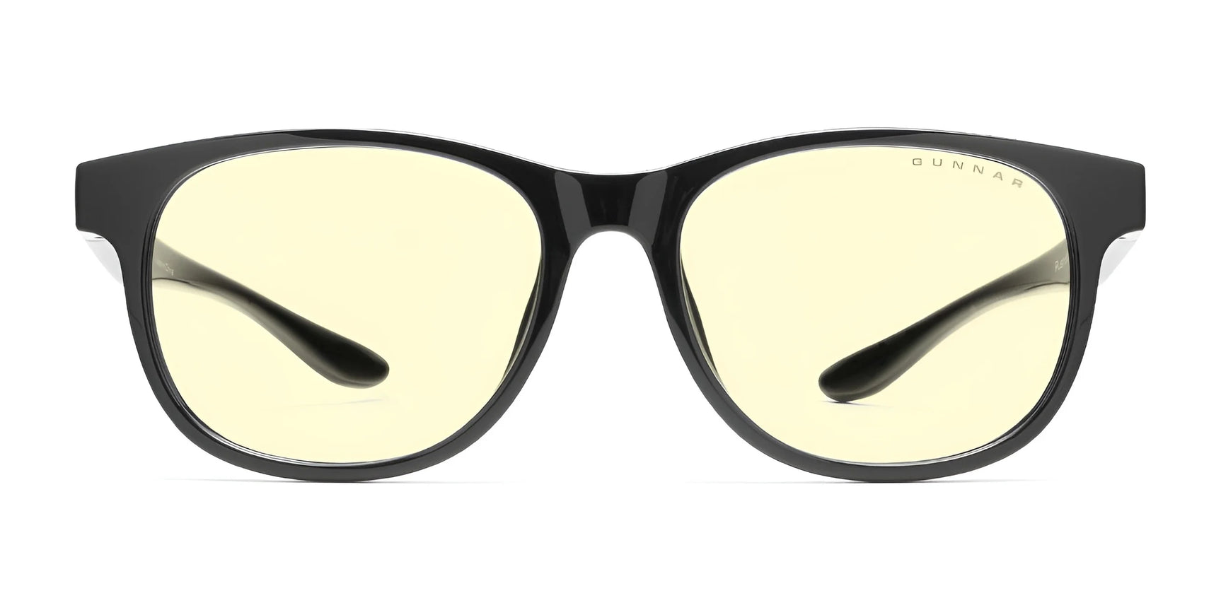 The Gunnar Rush kids' computer glasses feature black frames and yellow-tinted lenses, ideal for children and teens, set against a white background. The Gunnar Rush kids' computer glasses feature black frames and yellow-tinted lenses, ideal for children and teens, set against a white background.
