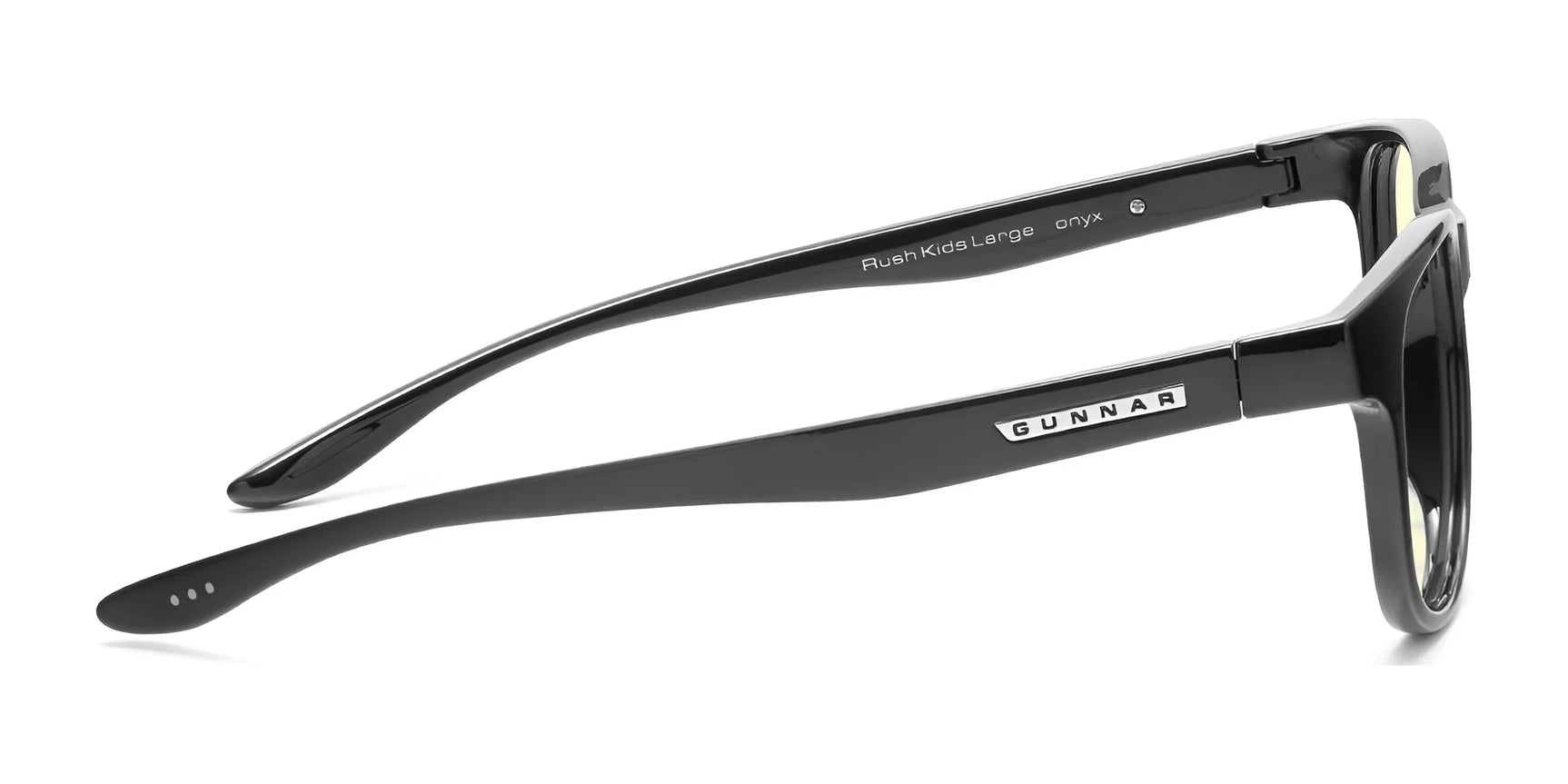 Gunnar Rush Kids Computer Glasses feature sleek black-rimmed, thick frames ideal for kids and teens. The side view shows the Gunnar brand on the arm, offering style and protection with blue light blocking technology. Gunnar Rush Kids Computer Glasses feature sleek black-rimmed, thick frames ideal for kids and teens. The side view shows the Gunnar brand on the arm, offering style and protection with blue light blocking technology.