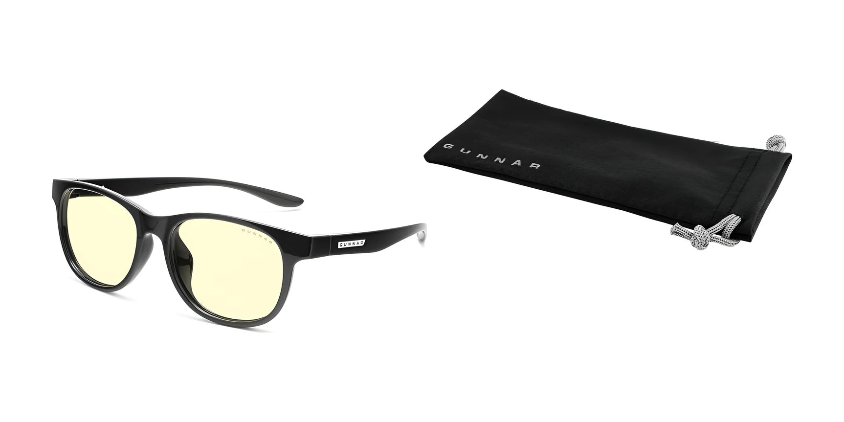 The Gunnar Rush Kids Computer Glasses, designed for children and teens, have black and yellow tint lenses for effective blue light blocking, and come with a sleek black pouch displaying the "GUNNAR" brand name. The Gunnar Rush Kids Computer Glasses, designed for children and teens, have black and yellow tint lenses for effective blue light blocking, and come with a sleek black pouch displaying the "GUNNAR" brand name.