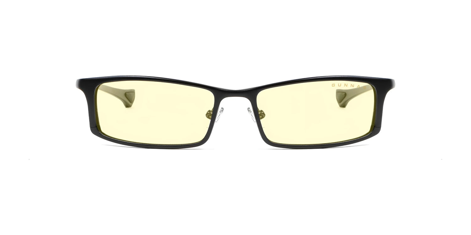 Gunnar Phenom Computer Glasses (Size 55) by Gunnar feature a black rectangular frame with lightly tinted yellow lenses, crafted with advanced optical technology, and are displayed on a white background. Gunnar Phenom Computer Glasses (Size 55) by Gunnar feature a black rectangular frame with lightly tinted yellow lenses, crafted with advanced optical technology, and are displayed on a white background.