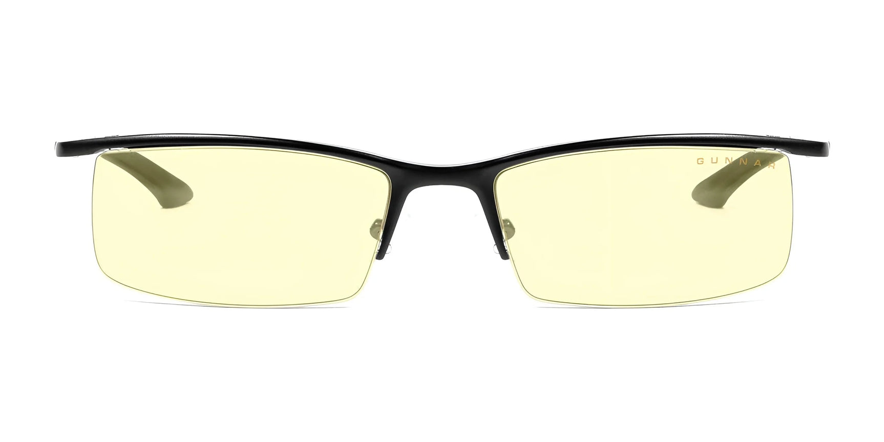 The Gunnar Emissary Computer Glasses, size 55, feature black frames with yellow-tinted lenses that are anti-reflective and block blue light, shown from the front view. The Gunnar Emissary Computer Glasses, size 55, feature black frames with yellow-tinted lenses that are anti-reflective and block blue light, shown from the front view.